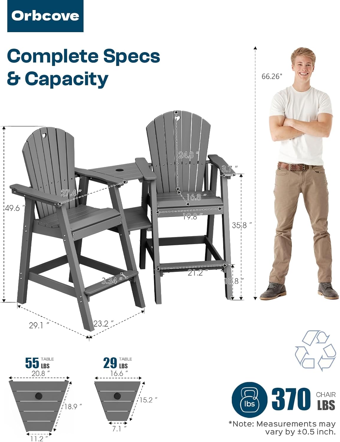 Tall Adirondack Chairs Set of 2-Durable HDPE Outdoor Bar Stools with Double Connecting Tray, Weatherproof Patio Furniture for Poolside, Backyard, Deck & Lawn Relaxation (Gery)