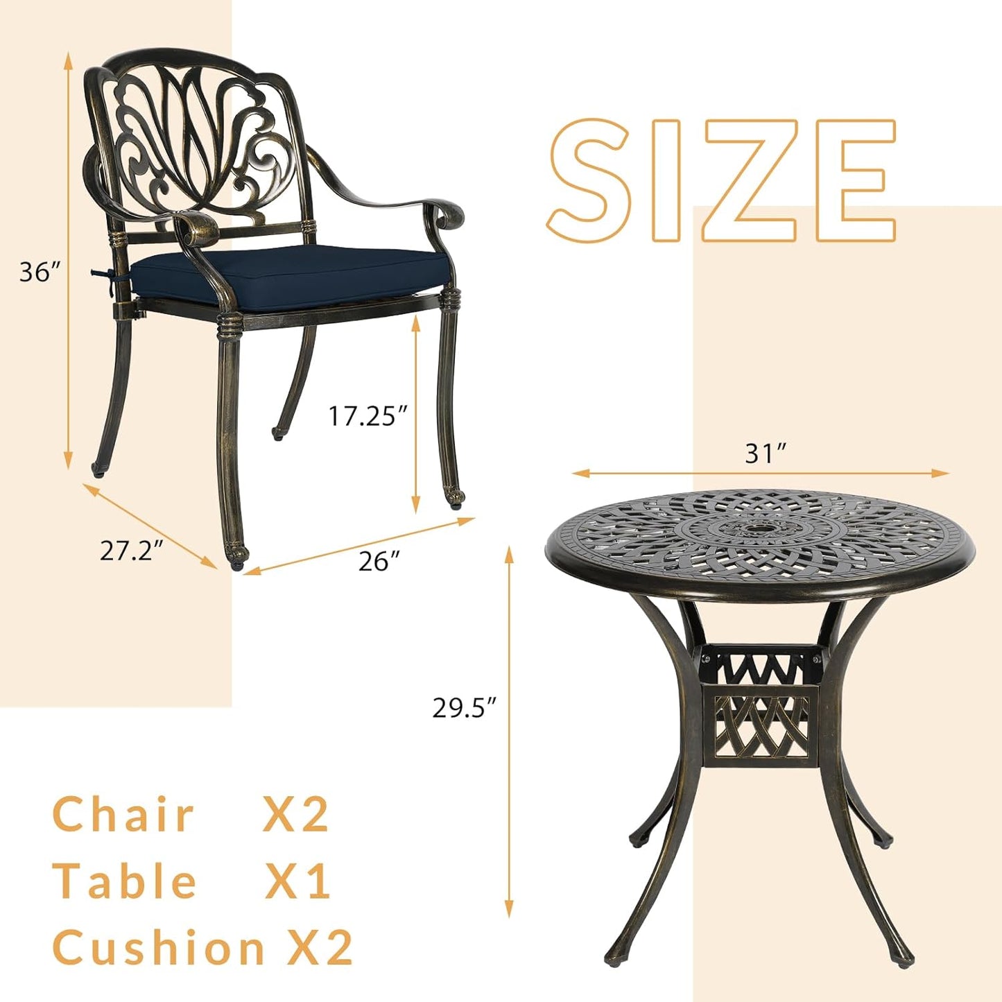 3-Piece Outdoor Patio Dining Set, All-Weather Cast Aluminum Patio Furniture Set for Backyard Garden Deck with 2 Cushioned Chairs and 31” Round Table, 2" Umbrella Hole, Navy Blue