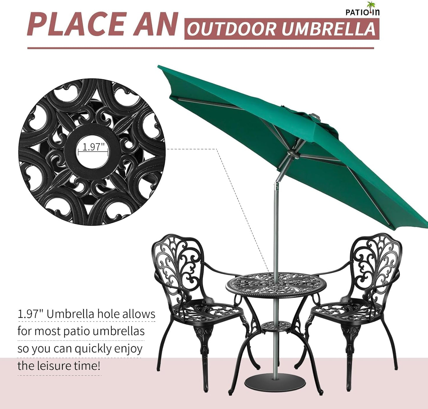 3 Piece Outdoor Bistro Set, Rustproof Outdoor Patio Furniture, Cast Aluminum Bistro Table Set with Umbrella Hole for Backyard, Balcony, Front Porch, Lawn, Pool (Black)