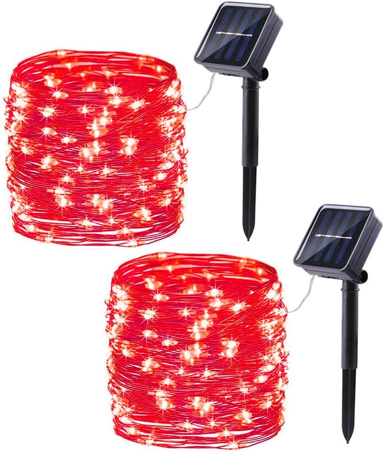 Lomotech Solar String Lights Outdoor - 2 Pack Total 66ft 200LED Solar Fairy Lights Waterproof 8 Modes Twinkle Lights for Outdoor, Patio, Garden, Yard, Party, Wedding, Tree Decoration (Red)