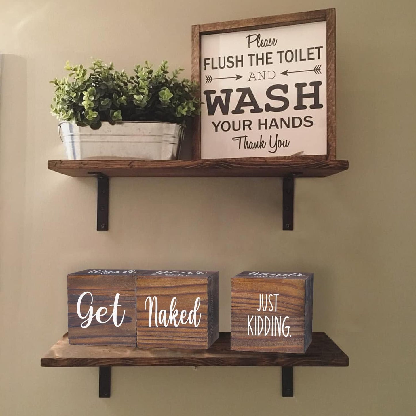 Farmhouse Bathroom Decor, Wooden Cute Restroom Home Decoration, Funny 4-Sided Mordern Rustic Bathroom Blocks, Nice Butt&Get Naked&Hello Sweet Cheeks&Wash Your Hands Sign, Brown 2.8"