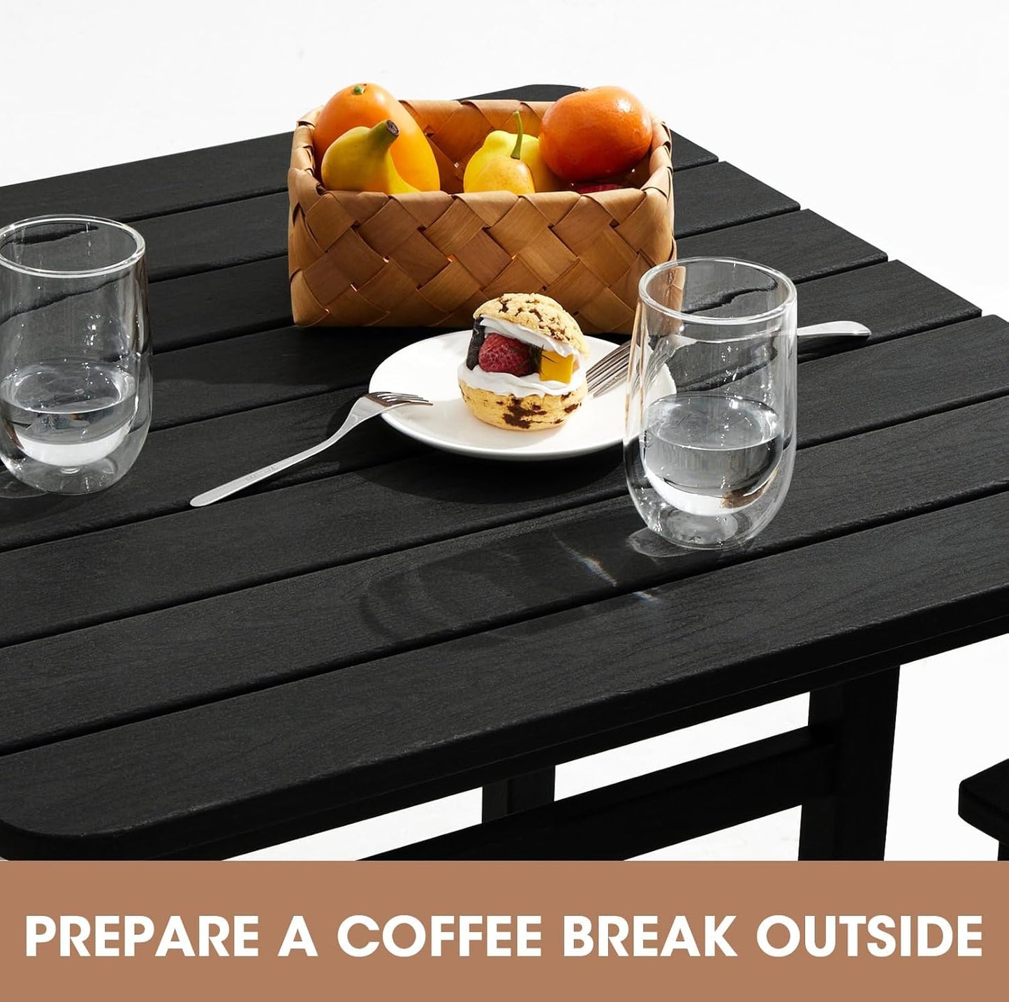 SERWALL Balcony Adirondack Chairs and Table 3 Pieces Set, Adirondack Bar Height Chairs Set of 2 and Bar Table, Outdoor Bar Stools Set for Bistro, Poolside, Backyard, Black