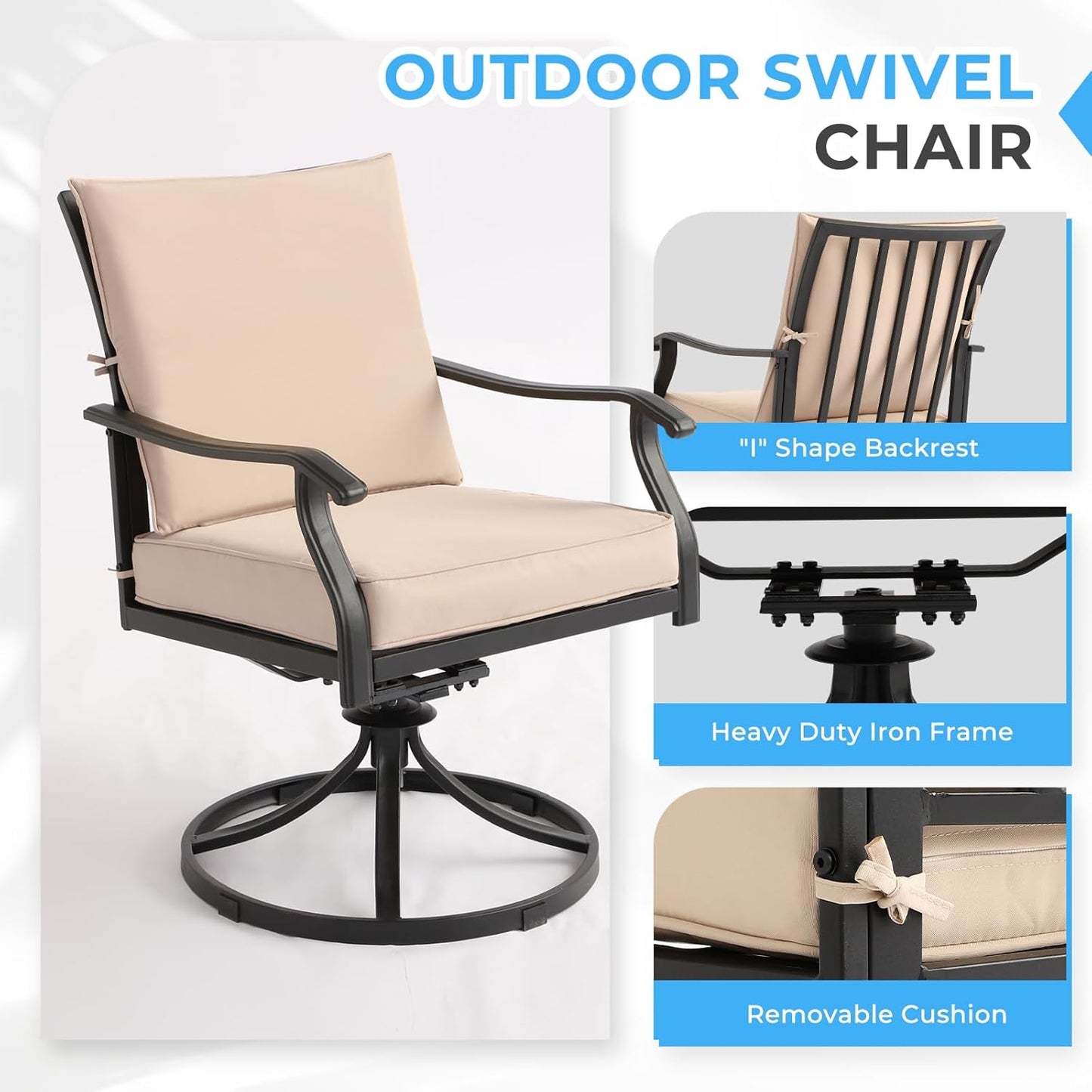 5-Piece Outdoor Patio Dining Set, Outdoor Patio Swivel Chair & Square Metal Patio Table, Outdoor Furniture Dining Set for Patio, Balcony, Lawn, Garden, Backyard (1 Square Table+ 4 Swivel Chairs)