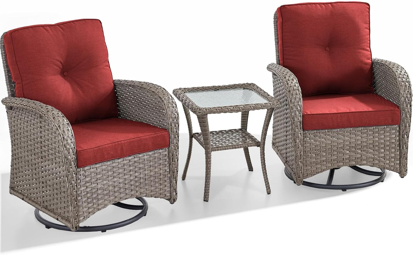 HUMMUH 3 Piece Outdoor Rocking Chairs Bistro Set-All Weather Wicker Outdoor Swivel Chairs Set of 2 with Side Table Small Patio Furniture Set for Deck Lawn Porch Balcony Poolside-Grey/Red