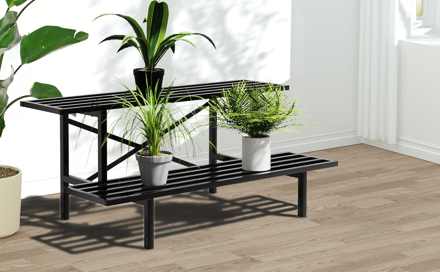 Zhongma 2 Tier Sturdy Metal Plant Stand Heavy Duty Plant Holder for Home Indoor and Outdoor, L35.43 x W17.5 x H14 inch, 440 LBS Capacity & Heavy Duty Construction.