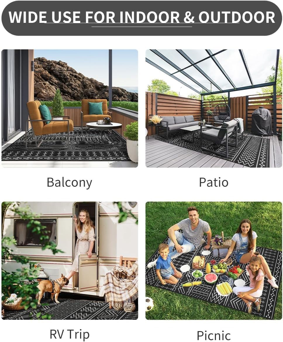 COCOER Outdoor Rug Carpet Waterproof 9x12 ft Patio Rug Mat Indoor Outdoor Area Rug for RV Camping Picnic Reversible Lightweight Plastic Straw Outside Rug for Patio Decor Decoration