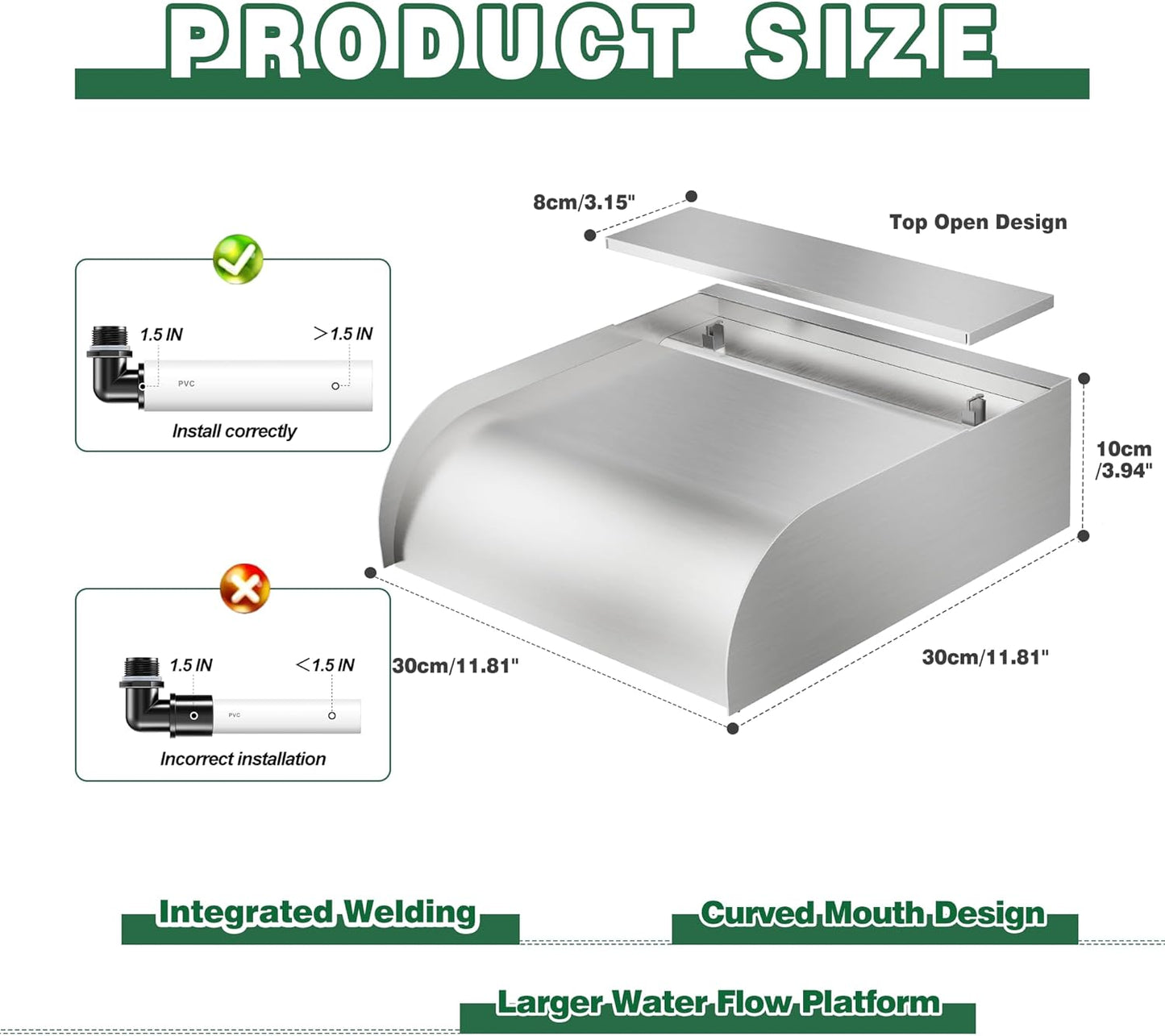 Pool Fountain Waterfall Spillway with Wider Water Flow Platform, Stainless Steel Waterfall with Pipe Connector Kits, Water Feature Spillway for Garden Decor, Patio, Ponds, 11.8"x11.8"x3.9