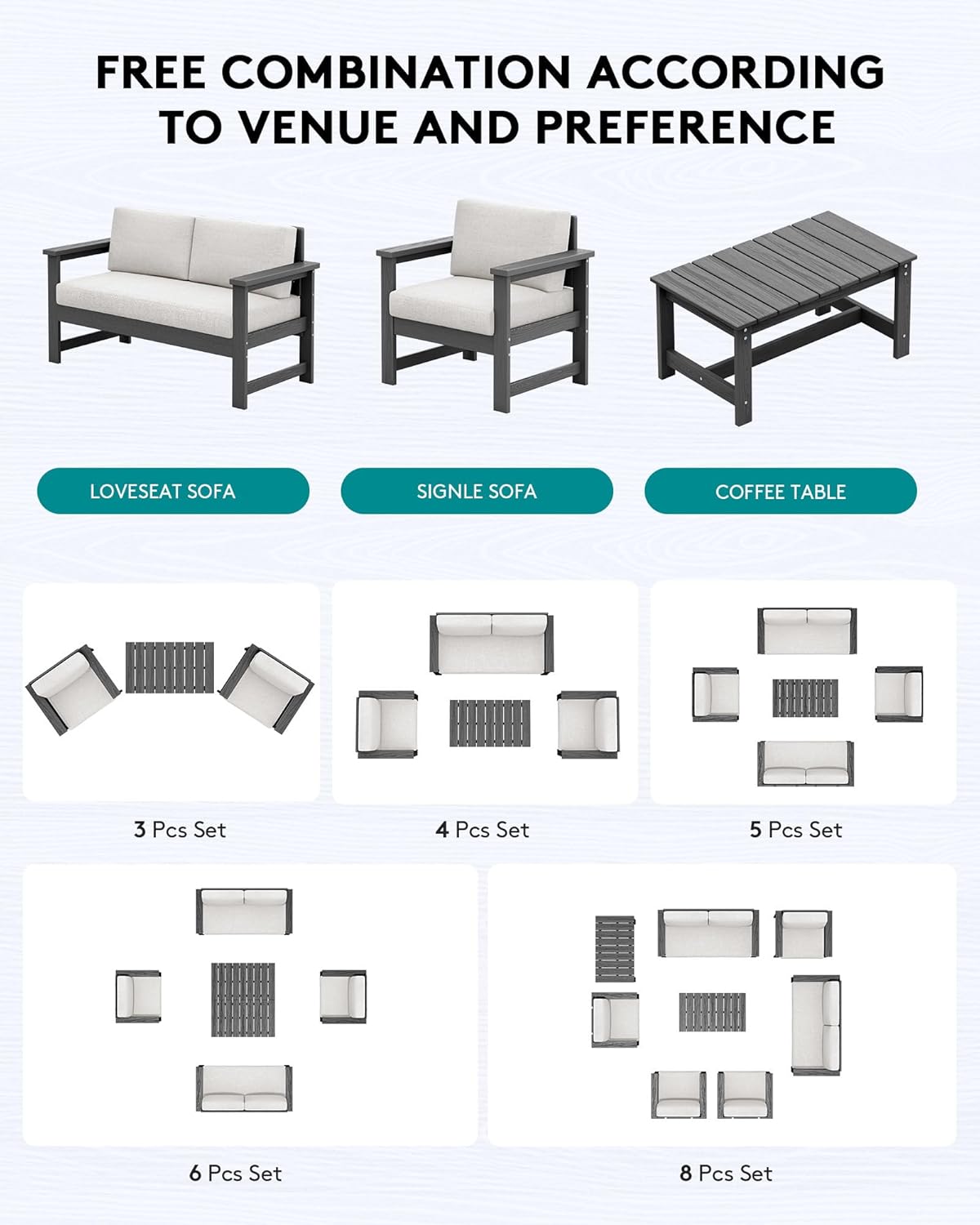 SERWALL 8 Pieces HDPE Outdoor Conversation Sofa Set with Cushions, All Weather Use Couch Loveseat Furniture Set with Pads, Outdoor Social Sofa Coffee Table Set, Grey Frame with Khaki Cushions