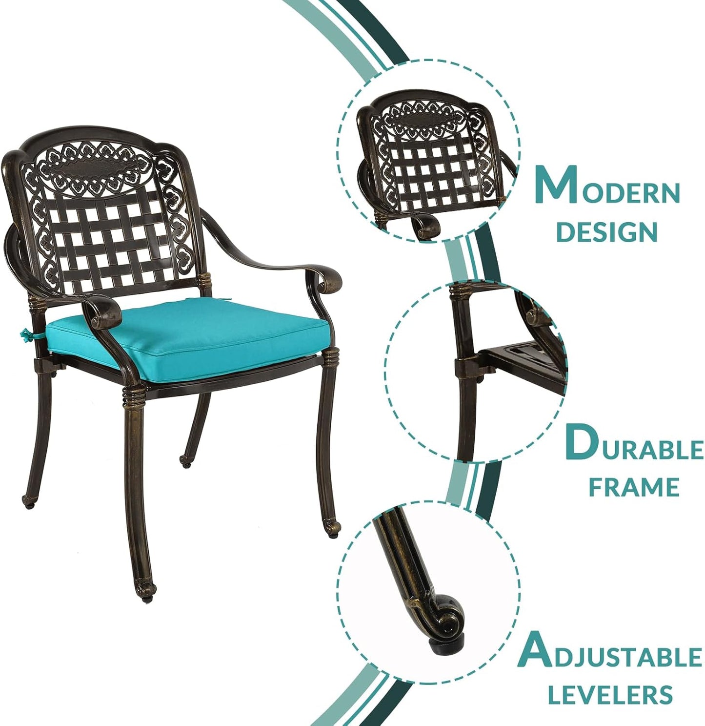 MEETWARM 3 Piece Patio Bistro Set, Outdoor All-Weather Cast Aluminum Dining Furniture Set Includes 2 Chairs with Cushions and a 31” Round Table with Umbrella Hole for Garden Deck, Ocean Blue