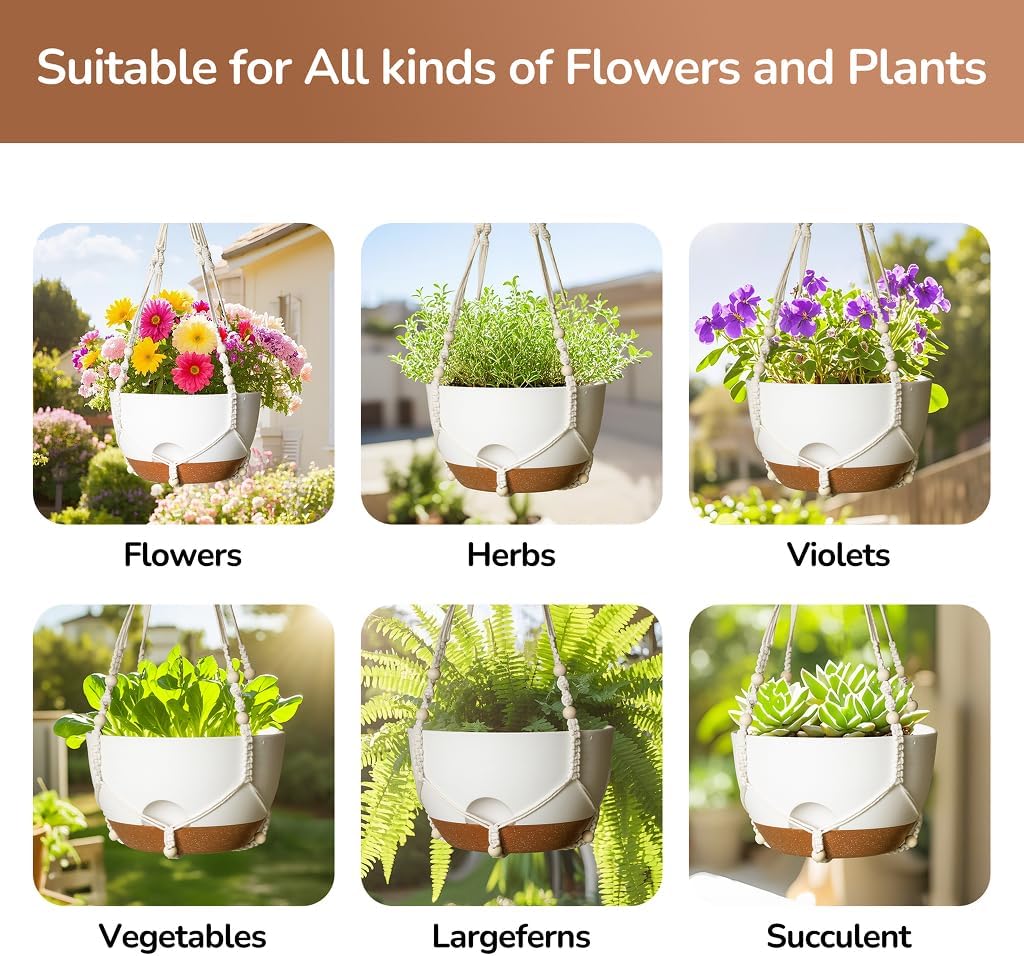 12 Inch Hanging Baskets for Plants Outdoor, Hanging Planters for Indoor Outdoor Plants, Hanging Planter with Self Watering, Hanging Flower Pots (White Planter with Macrame + Iron Hangers)