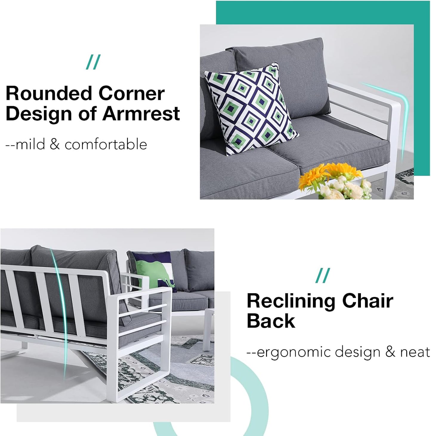 Patiorama Aluminum Patio Furniture Set, Outdoor Patio 3-Seater Sofa, 3 Seats Couch, All Weather White Metal Chair with Olefin Cushion, Deep Seating, 800 lbs Capacity, Deck, Garden-Grey Cushion