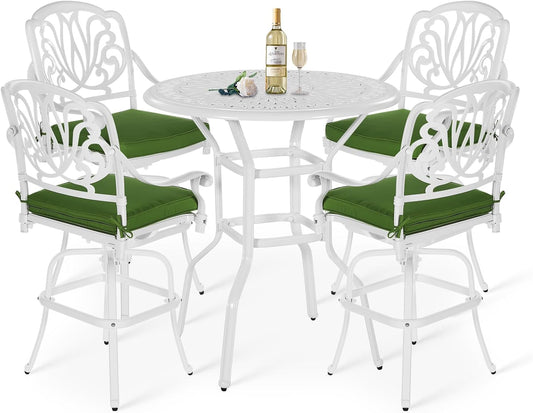 5 Pieces Patio Swivel Bar Set, Patio Bar Table and Chairs Set, All-Weather Cast Aluminum Outdoor Swivel Bar Stools of 4 and 35.4" Round Bar Table, High Top Bistro Set for Deck, Pool, White