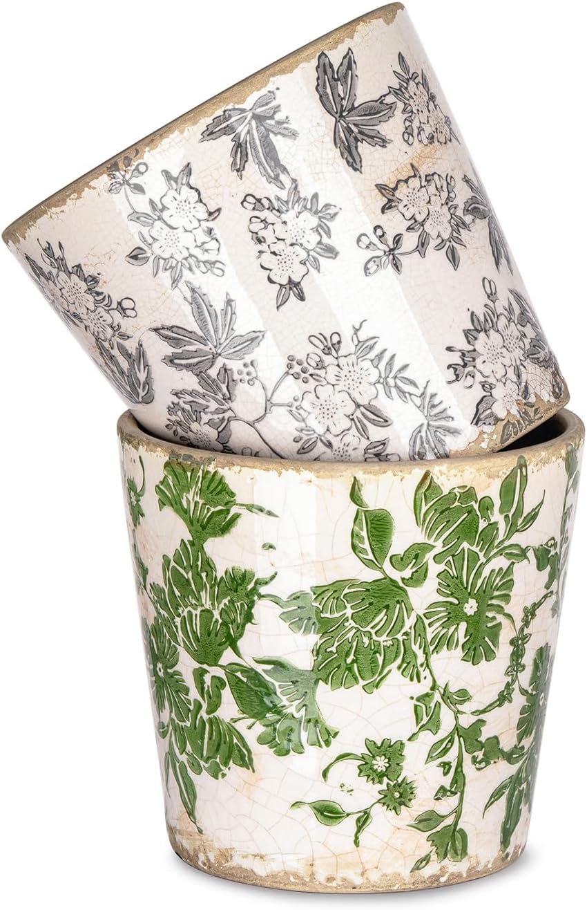 Sungmor Vintage Ceramic Plant Pots, Set of 2 Pretty Ice Cracked Glaze Ceramic Flower Pots, 5.5in. Herb Planters with Drainage Hole, Tuscan Planters for Indoor Outdoor Plants, Home Garden Decor Pot