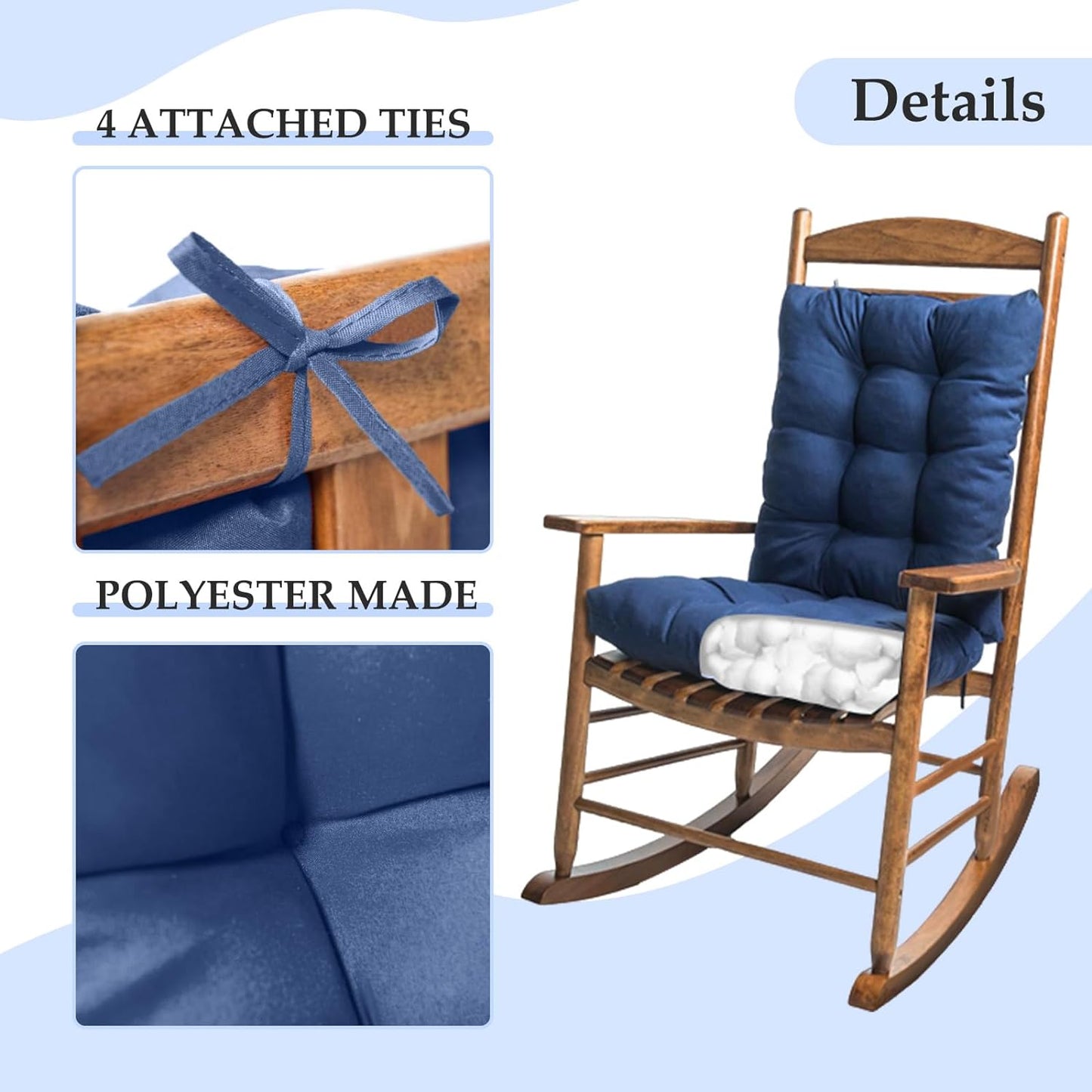 1 Pack Patio Chair Cushion, Rocking Chair Cushion with Ties Overstuffed Seat Back Cushion Pad for Outdoor Indoor Use, Blue