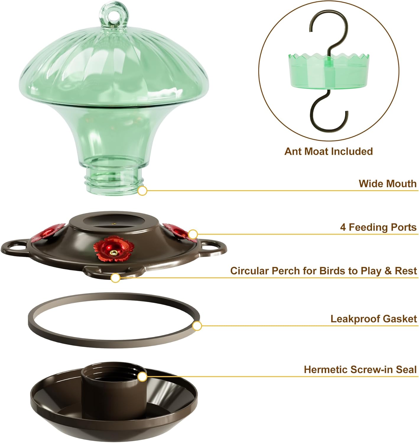 Hummingbird Feeder, Auslar 15 Ounces Glass Hummingbird Feeders for Outdoors Hanging Ant and Bee Proof, Ant Moat & 4 Flower Feeding Ports, Rustproof, Leakproof, Mushroom Shape, Green