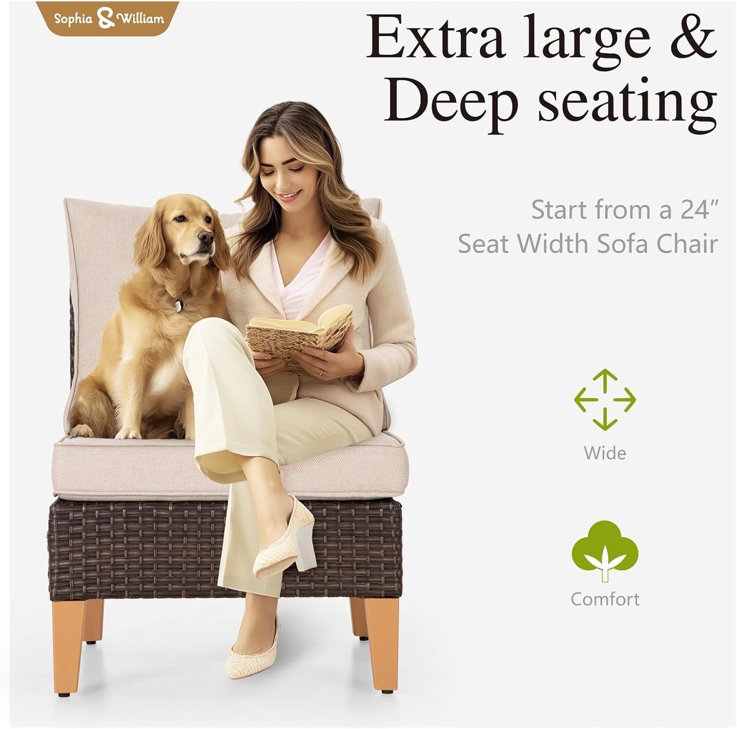 Sophia & William Half Moon Patio Furniture Set 8 Piece Outdoor Sectional Sofa Set, Wicker Patio Conversation Set with 1 Curved Sofa, 2 Armless Chairs, 2 Corner Couch, 2 Ottoman for Deck, Lawn (Beige)