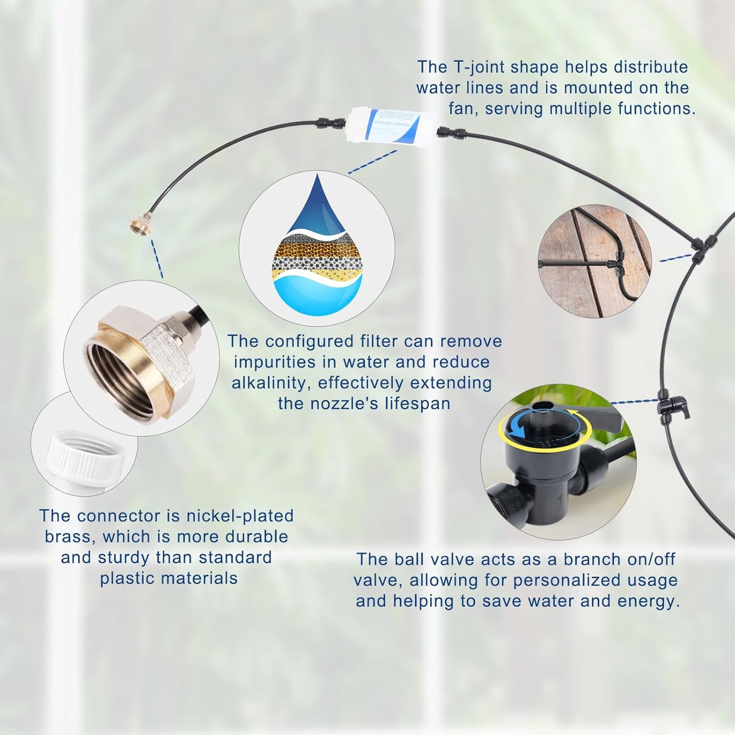 Misters for Outside Patio, 59ft Misting Line + Filter + 23 Brass Misting Nozzles +Brass Adapter(3/4") Misting System for Garden, Greenhouse, Trampoline and Chicken Coop