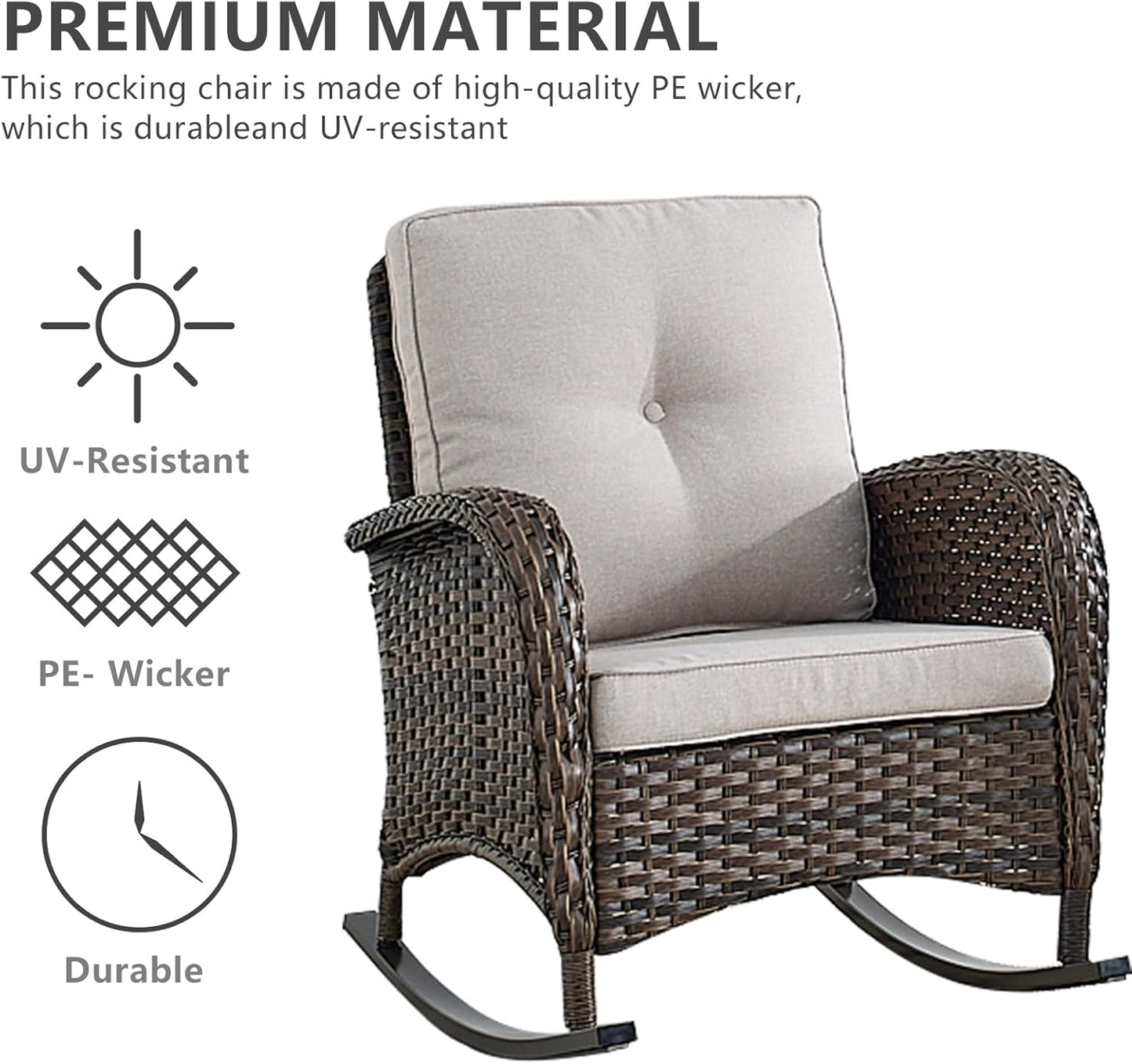 HUMMUH 5 Pieces Wicker Patio Furniture Set,Outdoor Rocker Chairs,Patio Ottomans,Glass Top Side Table,Outdoor Conversation Set for Porch Deck Backyard Poolside