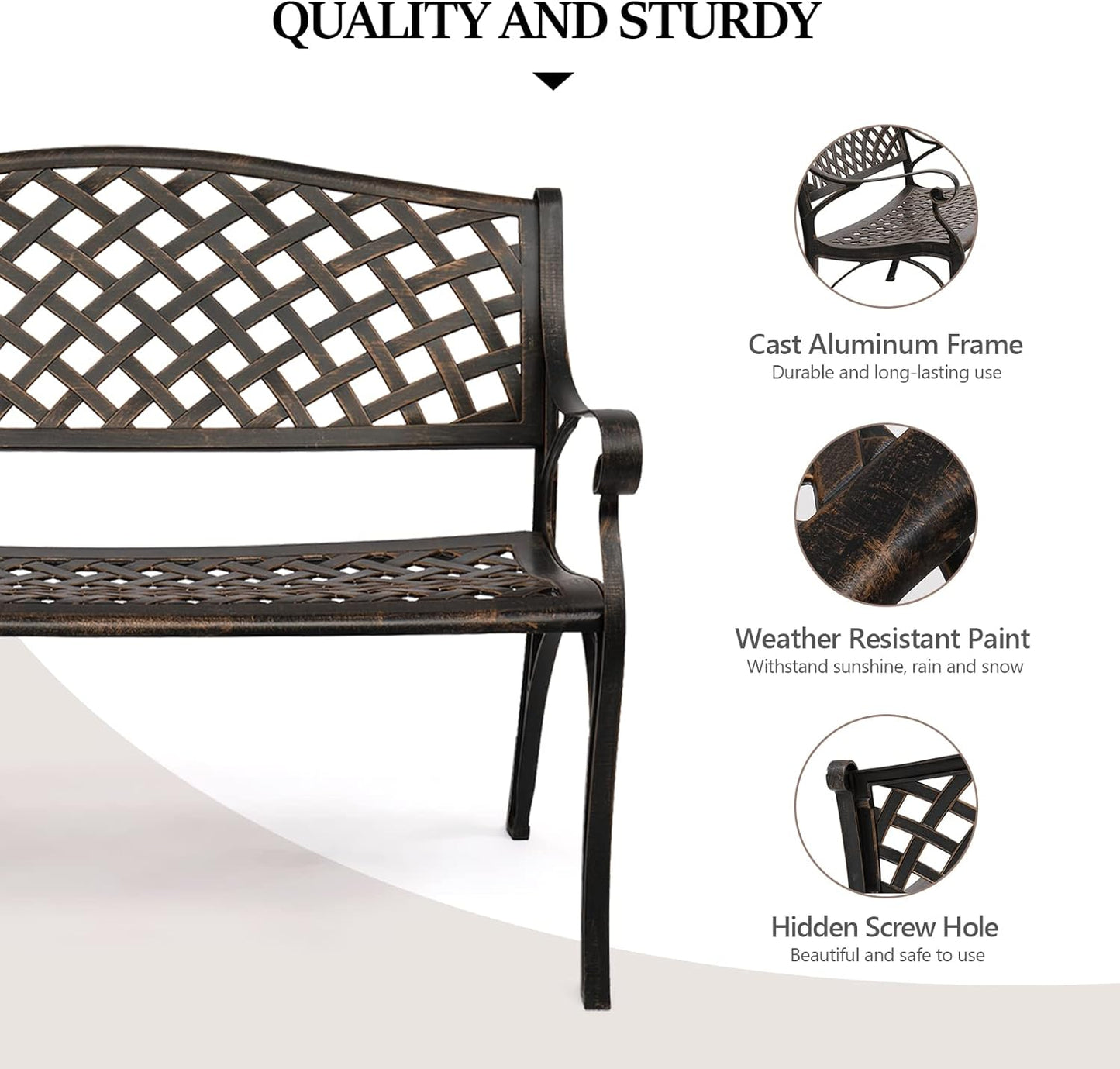 VINGLI 40.5" Patio Garden Bench,Anti- Rust Cast Iron Cast Aluminum Frame for Outdoor Path Yard Lawn Work Entryway Decor Deck (Brown)