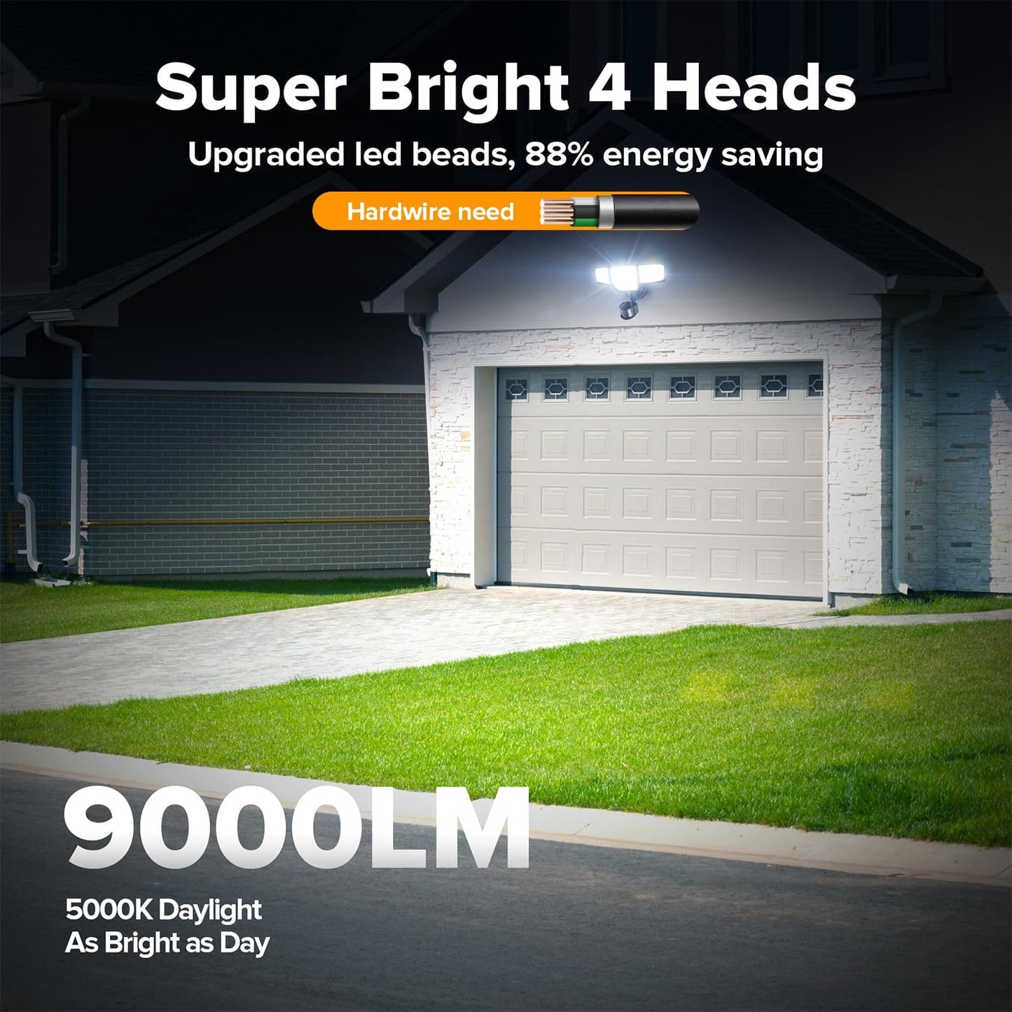 LUTEC 80W 9000LM LED Security Light Motion Sensor Outdoor Lights, 4 Head LED Flood Lights Outdoor 5000K Daylight, IP65 Waterproof, Motion Detected Lights for Outside, House, Garage, Yard (Black)