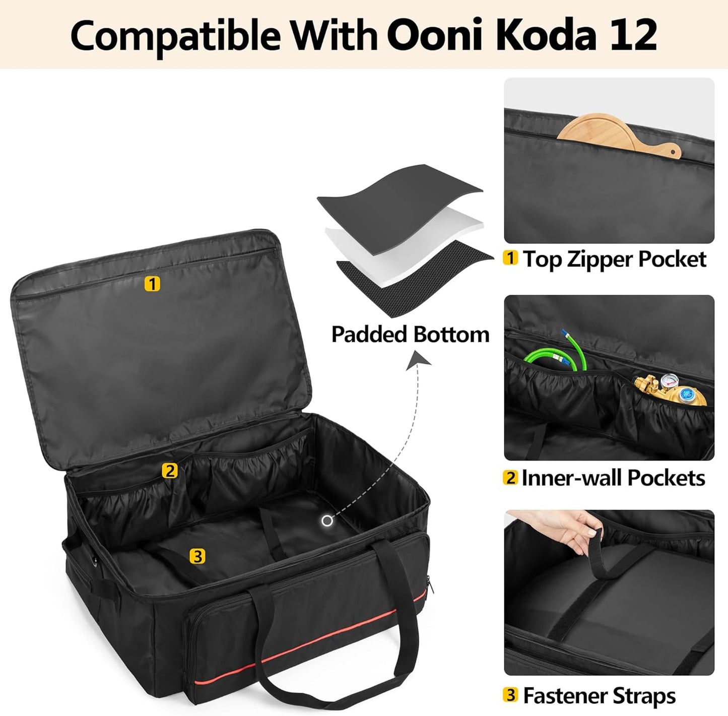 Pizza Oven Carry Bag Compatible with Ooni Koda 12 Gas Pizza Oven, Portable Carrier Cover with Shoulder Strap, Outdoor Carrying Case with Multi Pockets for Accessories, Bag Only