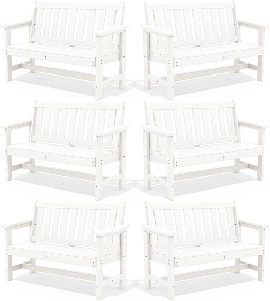 SERWALL Outdoor Bench, HDPE Outdoor Benches Weatherproof, 2-Person Garden Bench with 660 lbs Weight Capacity, Patio Benches for Outdoors, Garden, Porch, Backyard and Park, White, 6 Pack