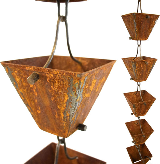 Nutshell Stores Medium Square Cups Rain Chain - Weathered Steel - 20 Feet