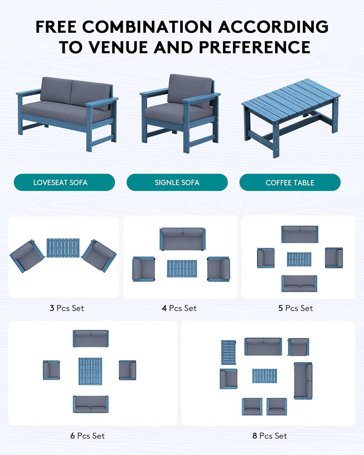 SERWALL 8 Pieces HDPE Outdoor Conversation Sofa Set with Cushion, All Weather Couch Loveseat Furniture Set with Pads, Outdoor Social Sofa Coffee Table Set, Blue Frame with Grey Cushions