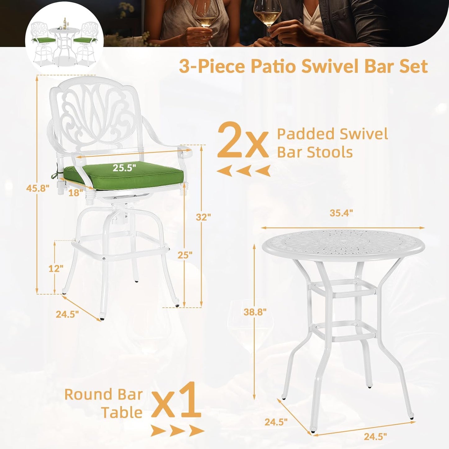 3 Pieces Patio Swivel Bar Set, Patio High Top Bar Table and Chairs Set, All-Weather Cast Aluminum High Swivel Bar Stools Chair Set of 2 and 35.4" Table, Patio Bistro Set for Garden,White