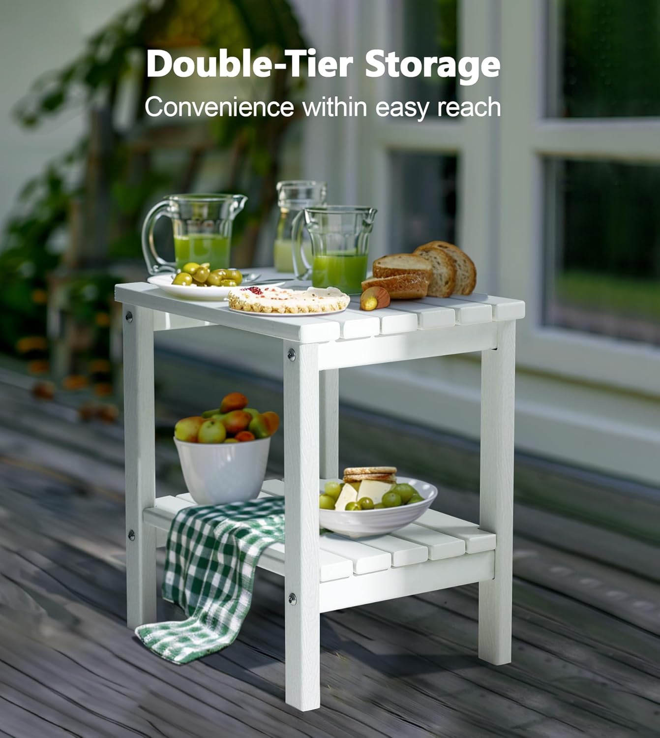 PASAMIC 2-Tier Adirondack Square Side Table, 17" HDPE Outdoor Side Tables, Weather Resistant End Table for Patio, Backyard, Pool, Indoor Companion, Beach, Easy Maintenance (White)