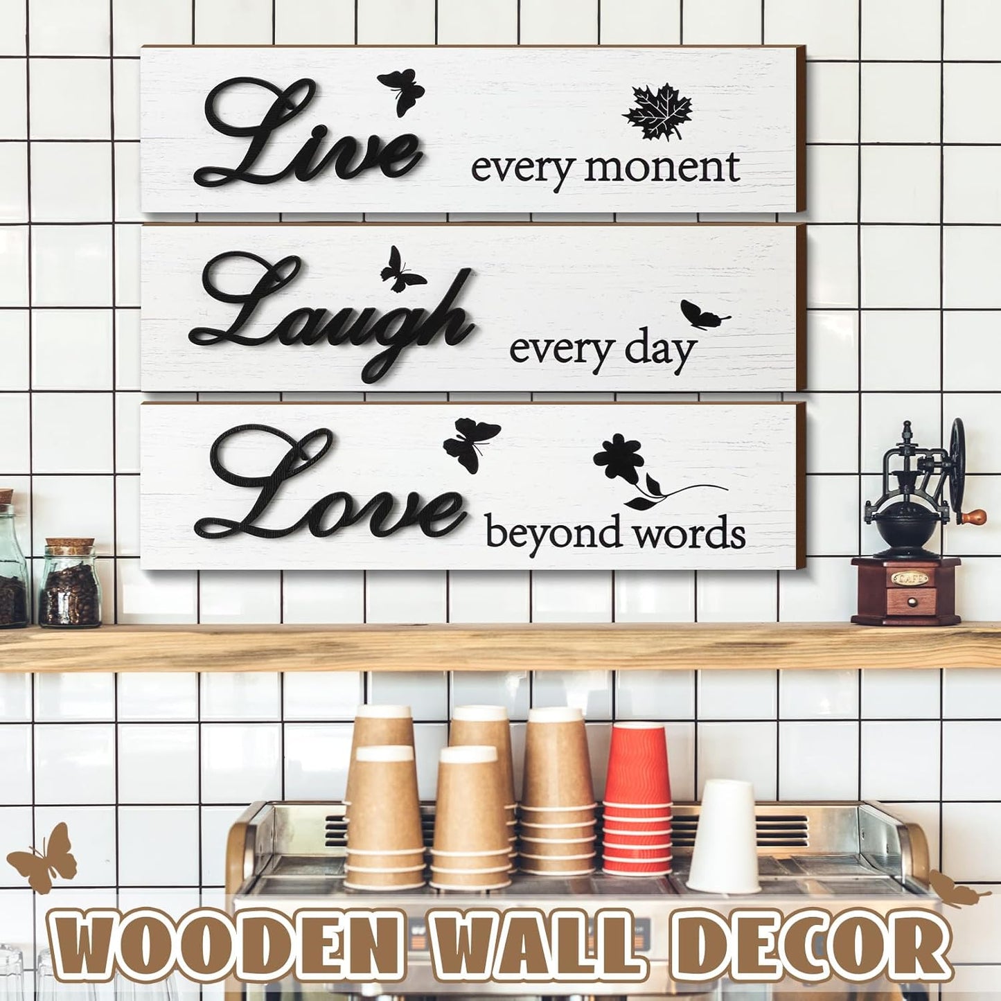 Jetec 3 Pieces Rustic Wood Sign Wall Decor Live Love Blessed Family and Love Quote Sign Farmhouse Wall Mount Decoration for Home Kitchen Living Room, 12 x 3 x 0.2 Inch(White, Black,Classic)