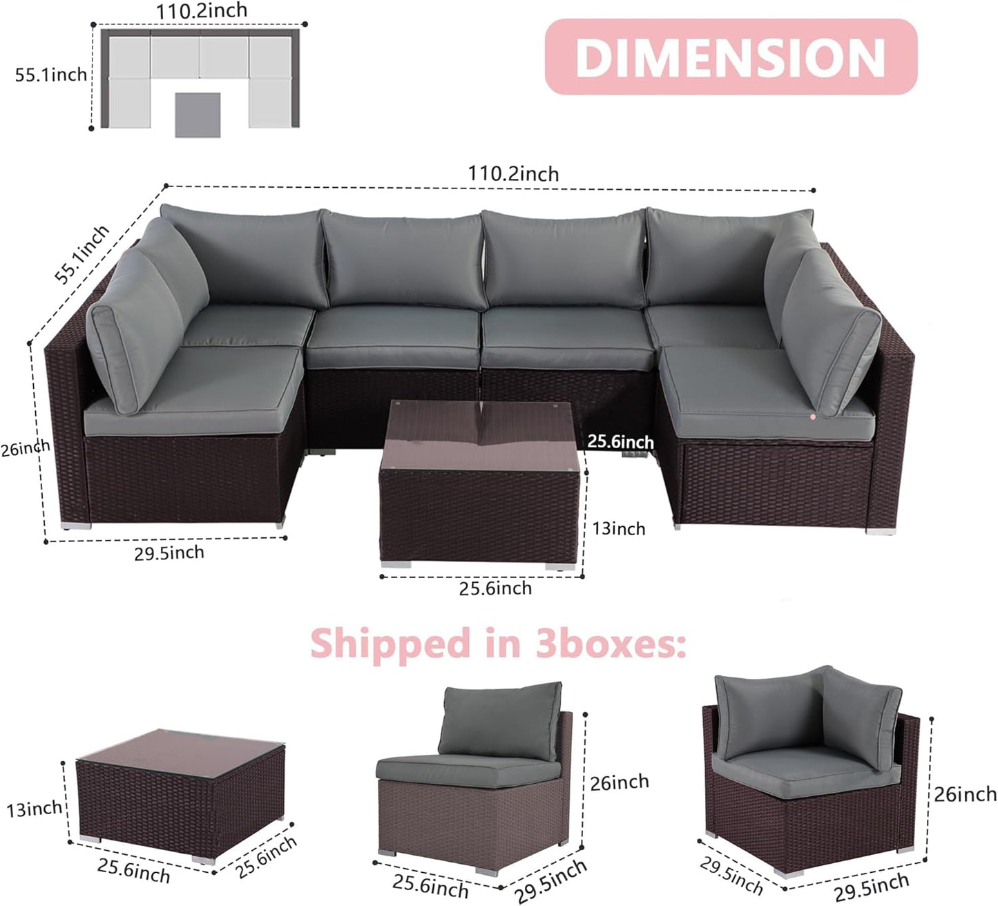 7-Piece Patio Furniture Set - Outdoor Sectional Sofa Set with Cushions and Glass-Top Coffee Table for Gardens, Poolside, Backyards and Porches, Wine/Grey