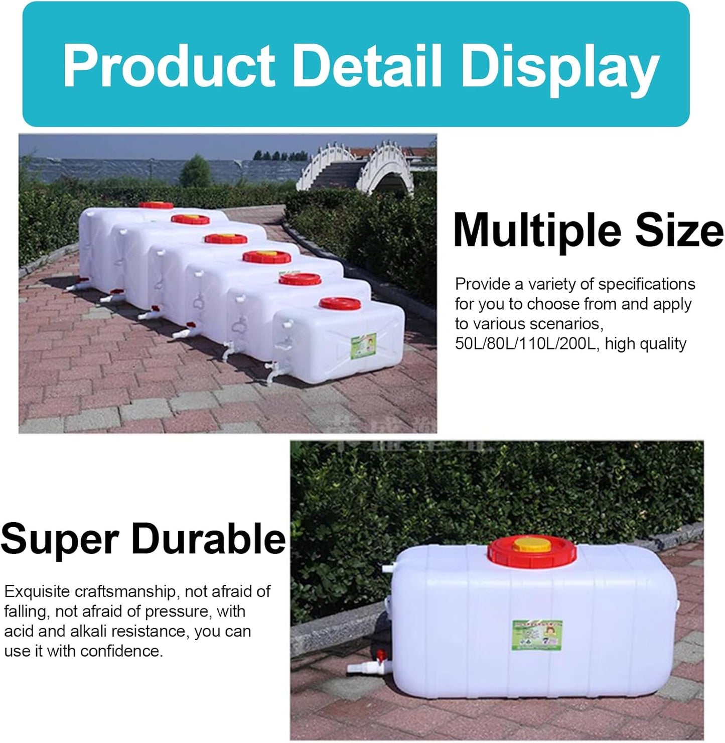 Water Container 50L 80L 110L 200L Heavy Duty Water Bucket Water Carrier, Portable Plastic Water Tank Water Storage for Camping Caravans Hiking Travel BBQ Travel Outdoor(Size:50L)