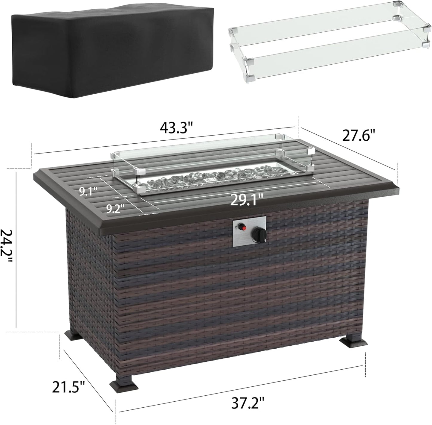 Kurapika Propane Fire Pit Table 43 Inch 55,000 BTU Auto-Ignition, CSA Certification Outdoor Rattan Gas Fire Pits with Slide Out Tank Holder, Outdoor Fire Tables Wider Desktop, Windshield and Lid