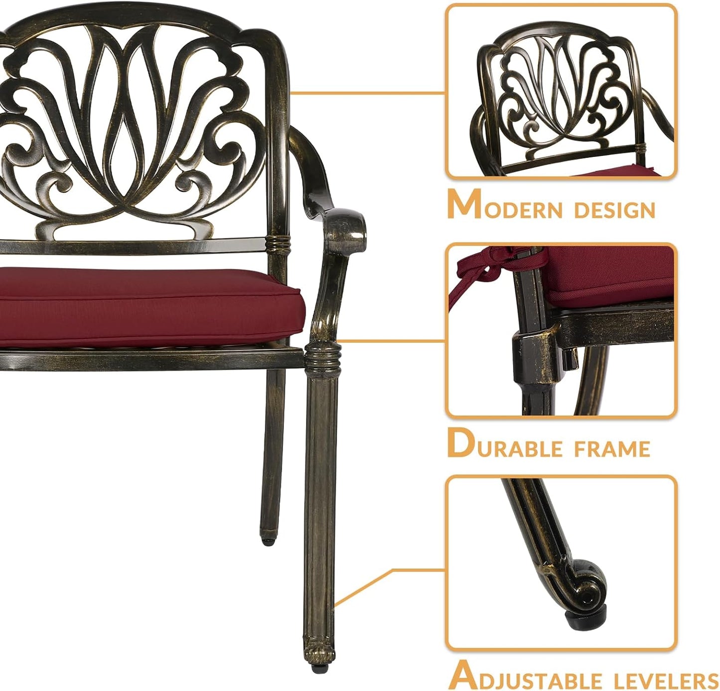 3-Piece Outdoor Patio Dining Set, All-Weather Cast Aluminum Patio Furniture Set for Backyard Garden Deck with 2 Cushioned Chairs and 31” Round Table, 2" Umbrella Hole, Chili Red