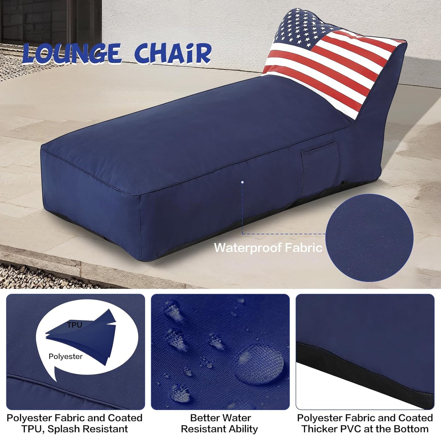 Outdoor Chaise Lounge Chair, Sunbed UV Resistant American Flag Sofa Couch Patio Waterproof Outside Sunlounge Reclining Sunbathing Bed Comfy Single Chaise Daybed for Garden, Pool, Beach, Navy Blue
