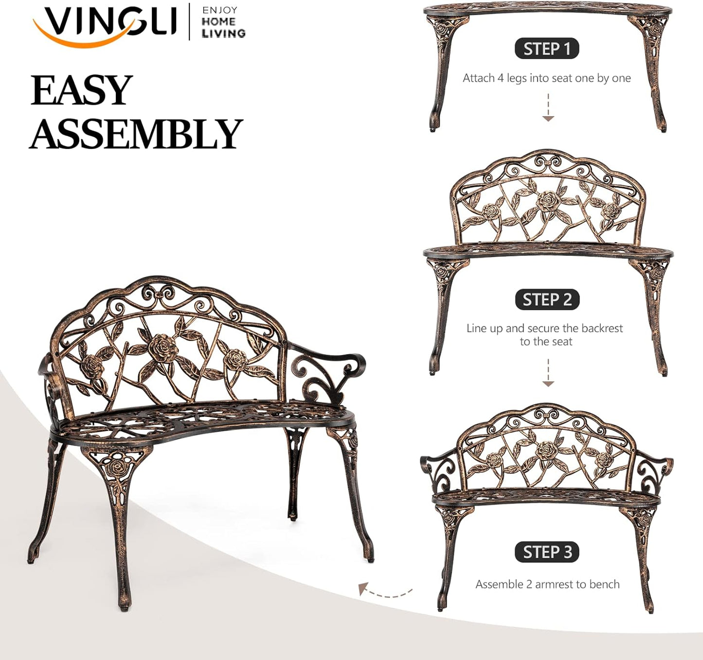 VINGLI 38.5" Patio Park Garden Outdoor Metal Rose Bench,Cast Iron Cast Aluminium Frame Antique Finish Chair,Accented Lawn Front Porch Path Yard Decor Deck Furniture for 2 Person Seat（Bronze