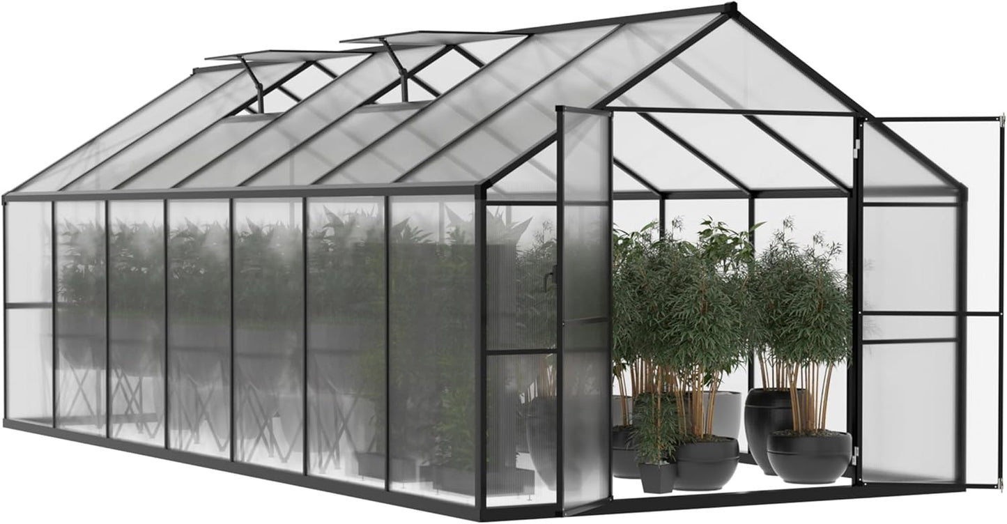 8x14 FT Green House for Outdoor, Polycarbonate Aluminum Walk-in Greenhouse Kit with Lockable Door and Adjustable Roof Vents, Backyard Garden in Winter, Gray