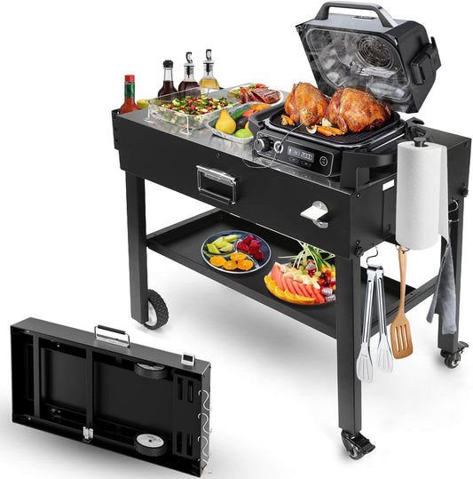 Foldable Grill Table Cart for Ninja Woodfire OG700, Blackstone Portable Griddle, Weber, Ooni Pizza Oven – Portable Outdoor BBQ Prep Stand with Caddy, Ideal for Camping and Tailgating
