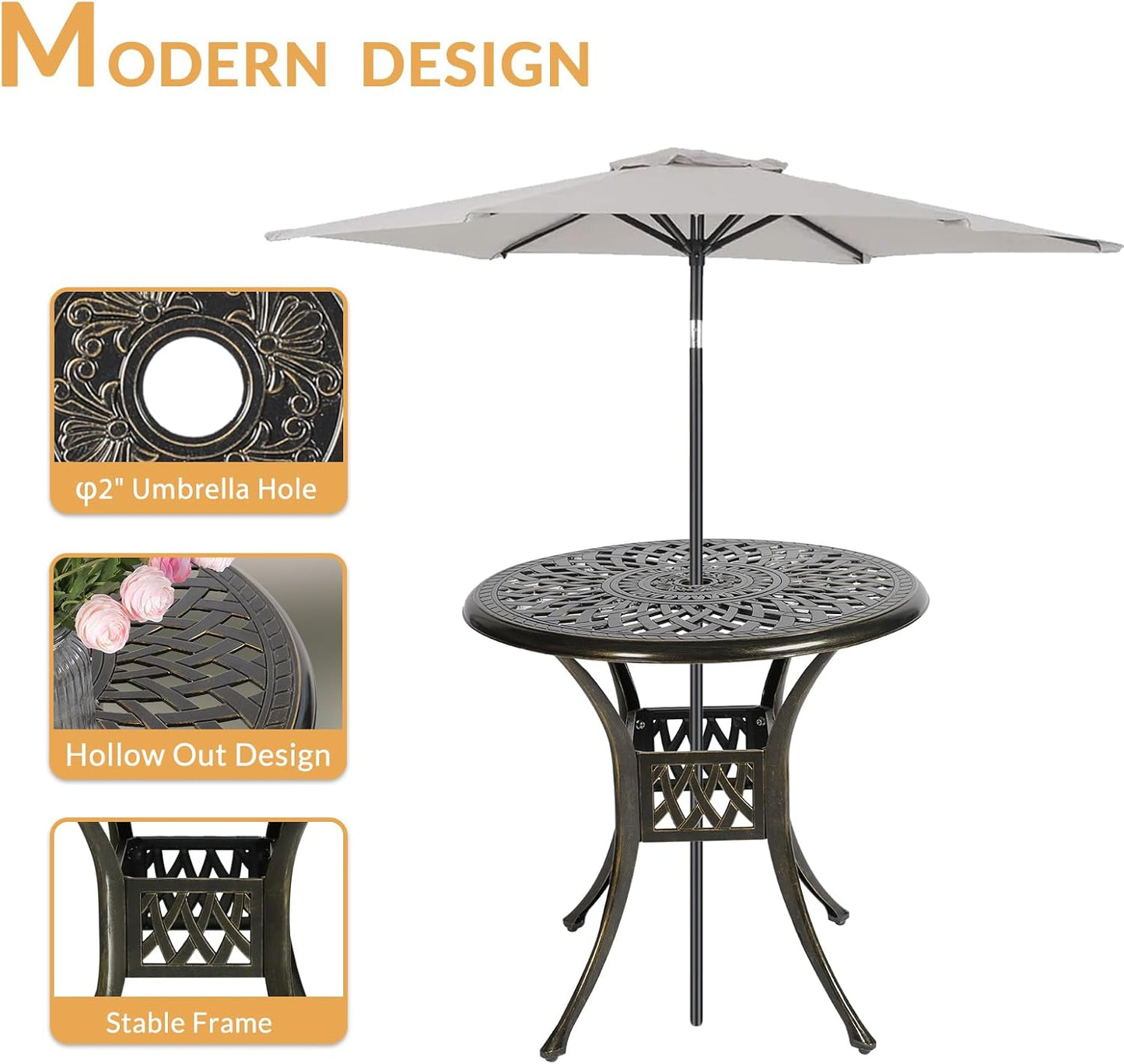 3-Piece Outdoor Patio Dining Set, All-Weather Cast Aluminum Patio Furniture Set for Backyard Garden Deck with 2 Cushioned Chairs and 31” Round Table, 2" Umbrella Hole, Chili Red
