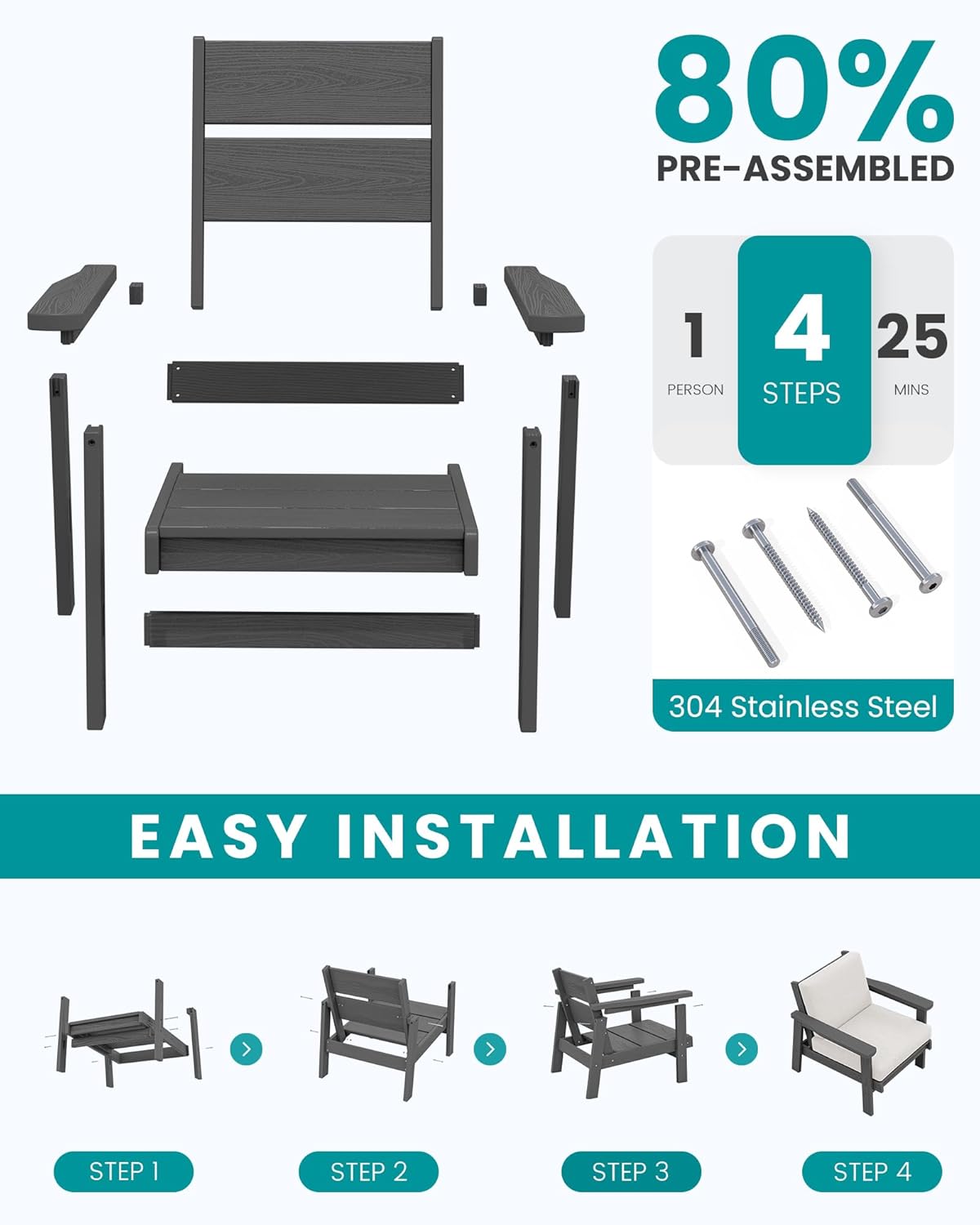 SERWALL HDPE Outdoor Couch Set of 2, All-Weather Wood-Like Outdoor Patio Furniture Set, Outdoor Sofa Chairs with Khaki Cushions