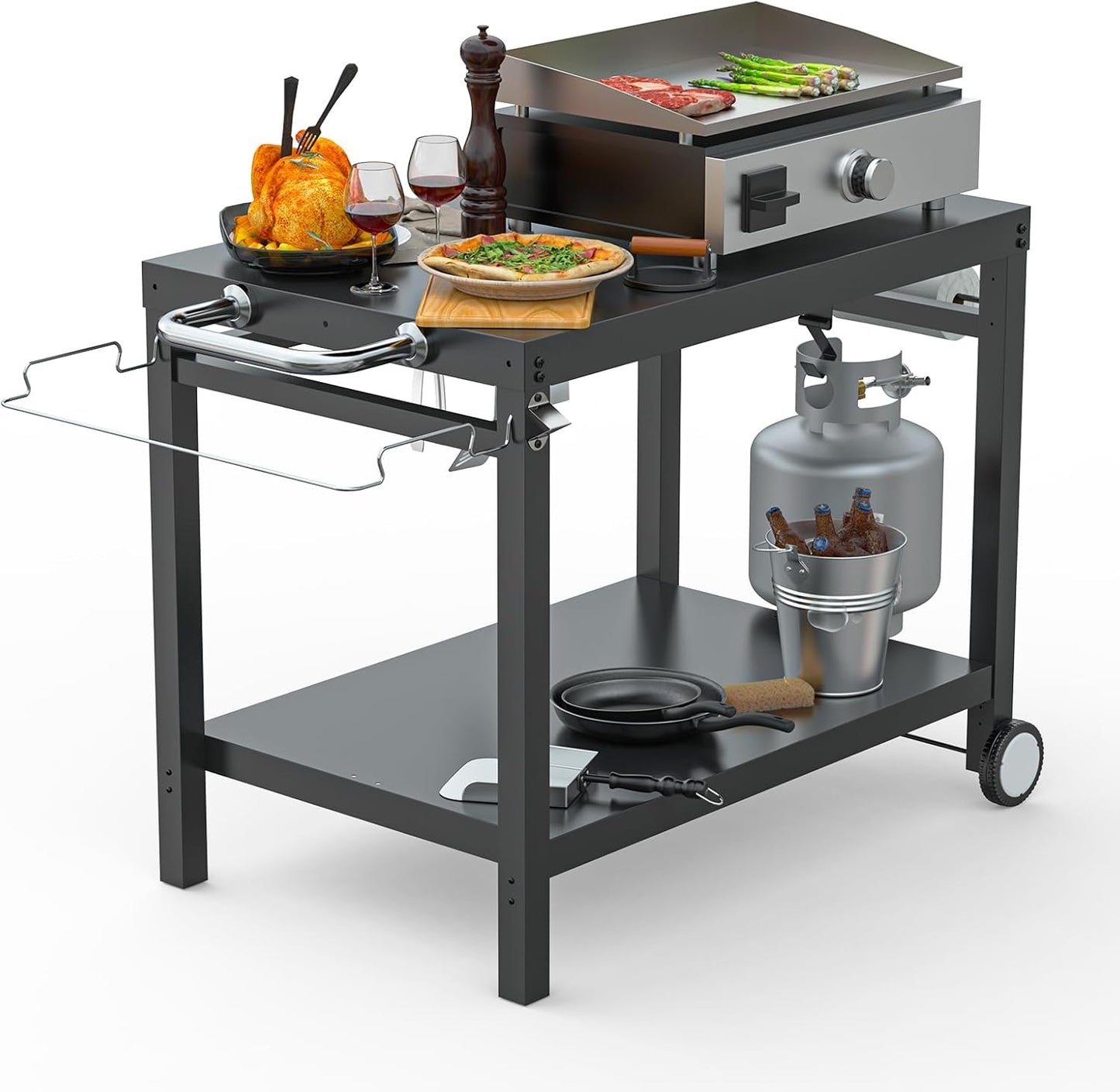 LS'BABQ Outdoor Grill Table Cart, Pizza Oven Stand, BBQ Prep Table with Trash Bag Holder Wheels & Hooks, Double-Shelf Movable Food Prep and Work Stand, Powder-Coated Steel Flattop Grill Cart