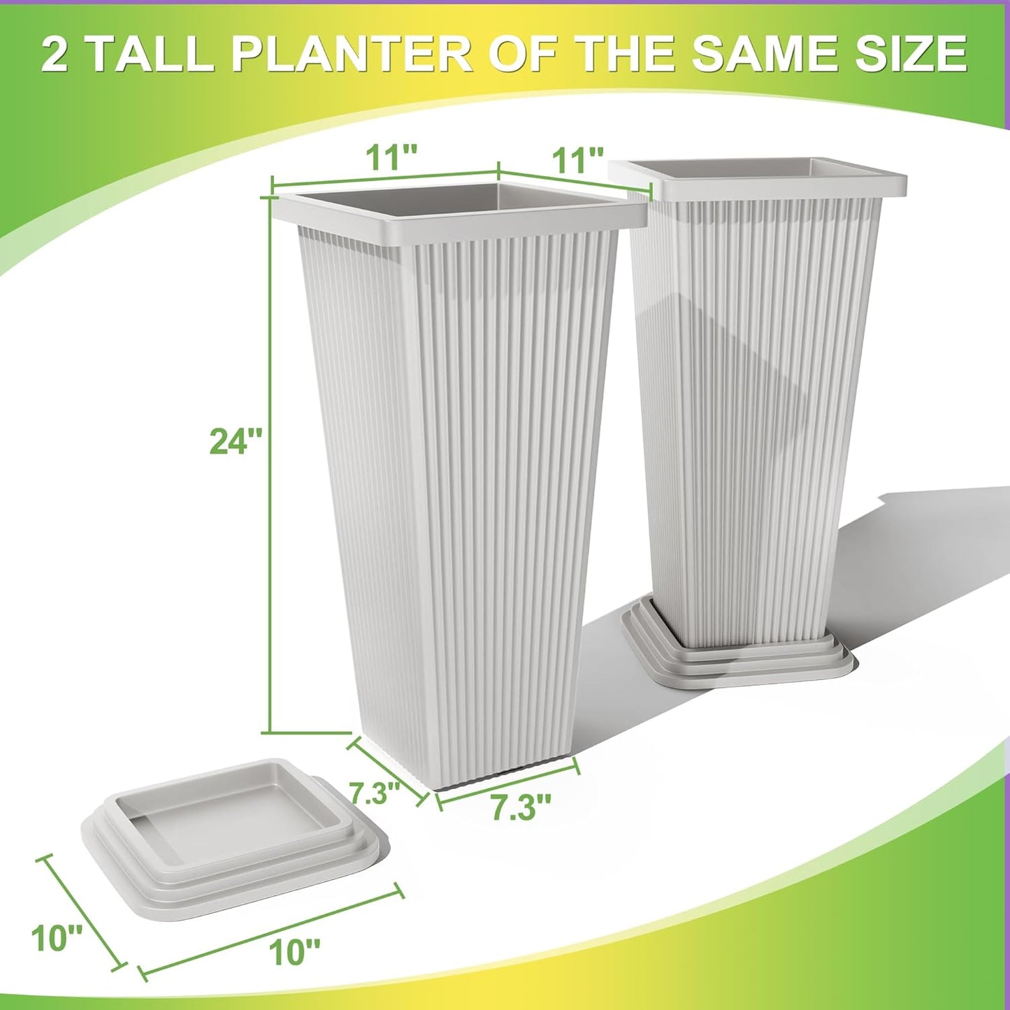 Set of 2 Large Tall Planter for Indoor or Outdoor 24" Flower Pots Tapered Tall Planters with Tray for Porch, Patio, Backyard, Large Planters for Outdoor Indoor Plants(White,Striped)