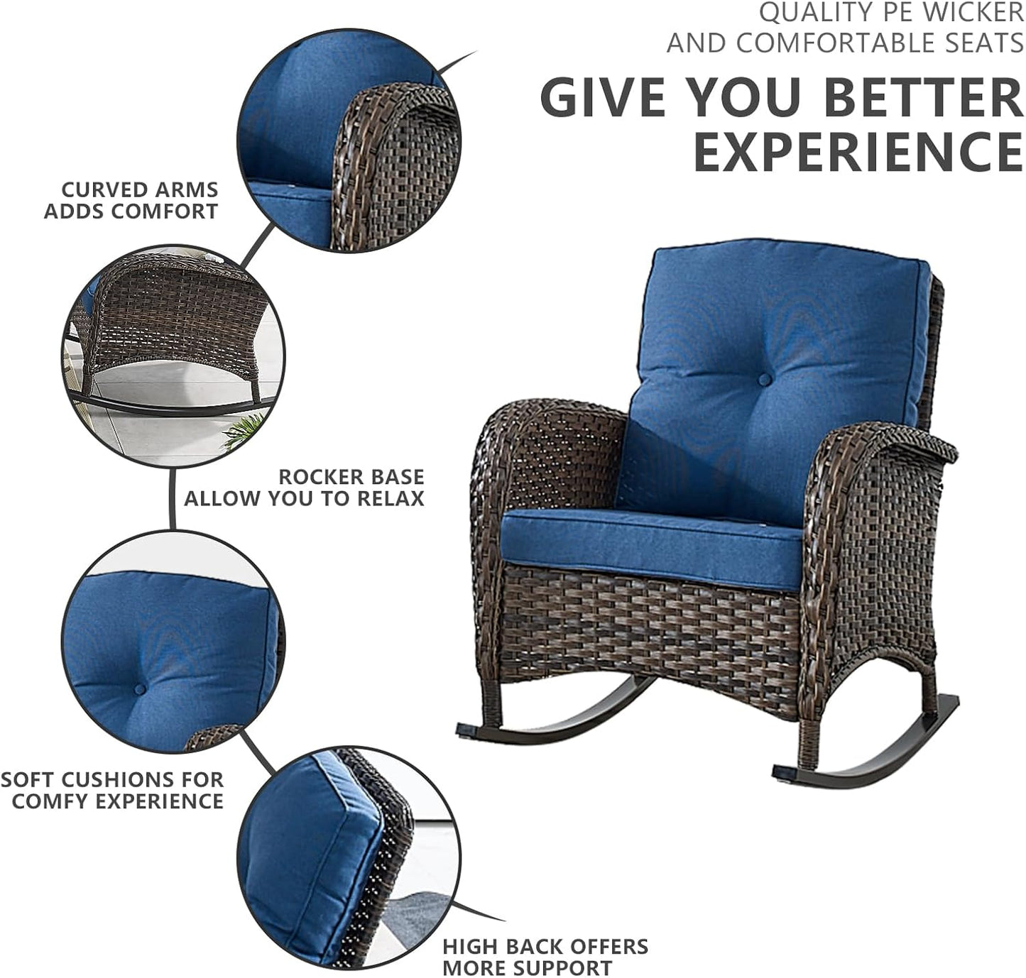 HUMMUH 5 Pieces Wicker Patio Furniture Set,Outdoor Rocker Chairs,Patio Ottomans,Glass Top Side Table,Outdoor Conversation Set for Porch Deck Backyard Poolside