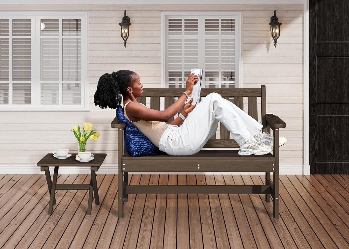 SERWALL Outdoor Bench, HDPE Outdoor Benches Weatherproof, 2-Person Garden Bench with 660 lbs Weight Capacity, Patio Benches for Outdoors, Garden, Porch, Backyard and Park, Coffee, 6 Pack