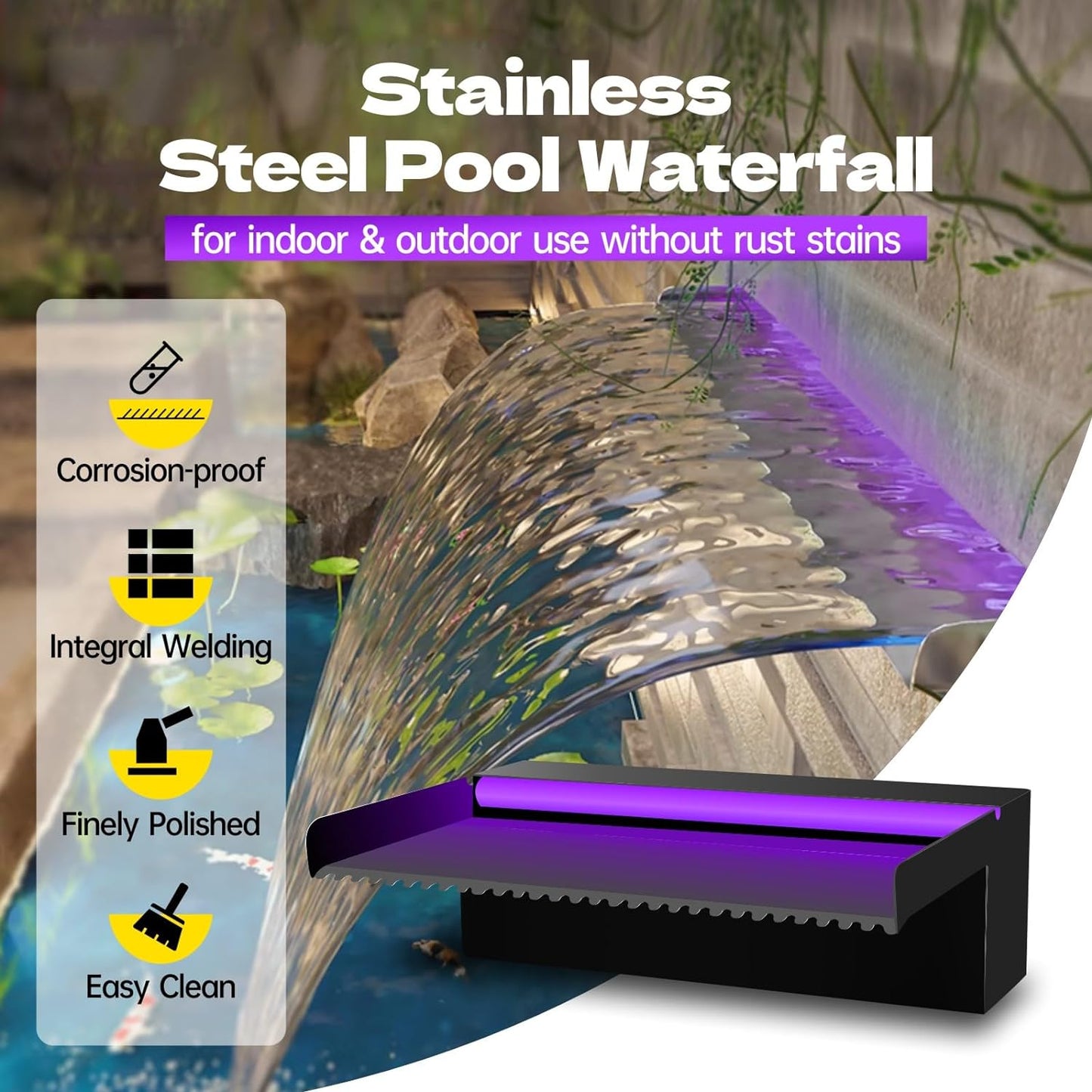 Pool Waterfall Spillway Stainless Steel Pond Fountain, APP Control Colorful LED Lighted Outdoor Black Fountains, Water Flow Spillways Kit for Koi Pond, Swimming Pool, Garden-11.8"x7.8"x3.9"