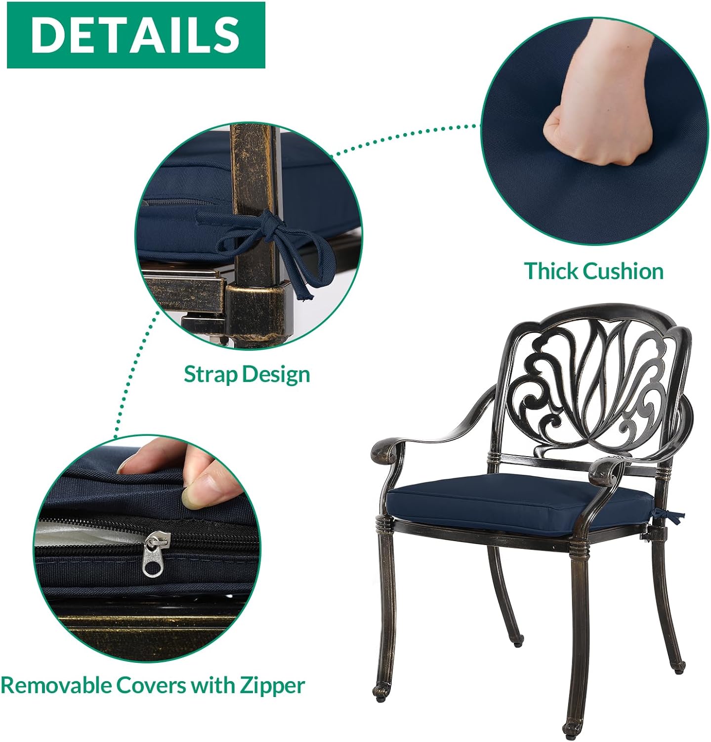 VIVIJASON 3-Piece Patio Furniture Dining Set, All-Weather Cast Aluminum Outdoor Bistro Set, Include 2 Chairs, 2 Cushions and 31" Round Table w/Umbrella Hole for Balcony, Backyard, Navy Blue Cushion