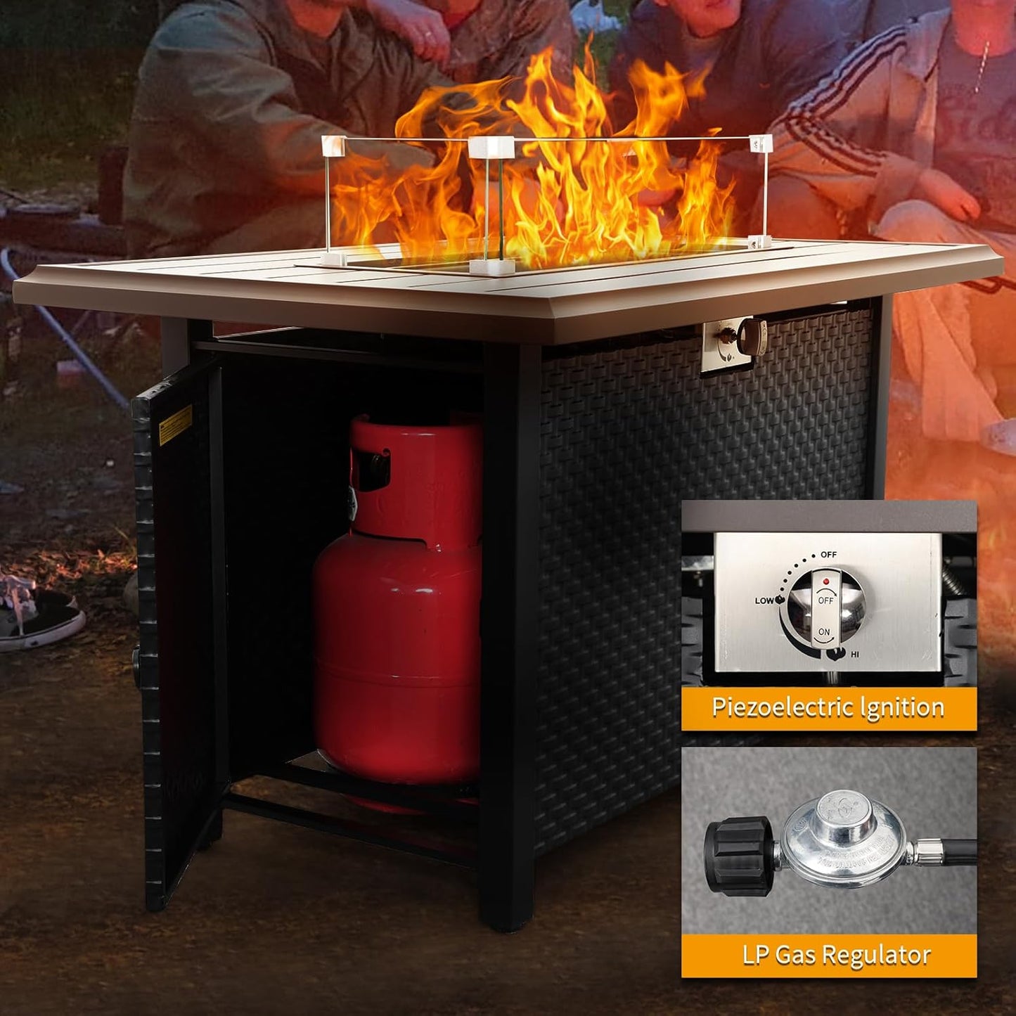 45 Inch Fire Table for Outside 60000 BTU Steel Gas Fire Pit Outdoor Fire Pit Table with Grille Tabletop Glass Wind Guard Fire Pit Cover and Blue Crystal Beads