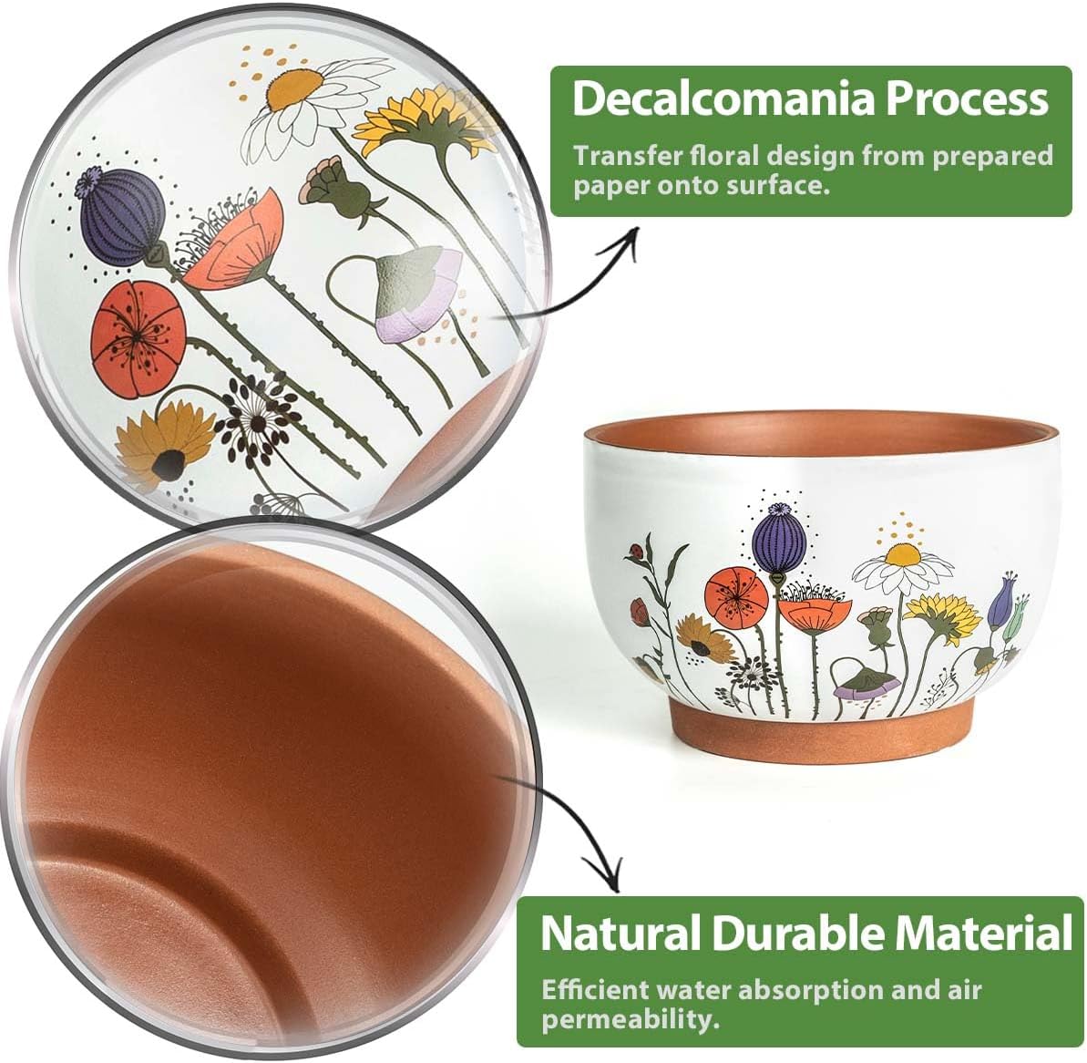 YBX 8 Inch & 6 Inch Terracotta Pots, Plant Pots Indoor, Flower Pots for Indoor Plants with Drainage, Planters with Floral Accent for Indoor Plants (French Country)