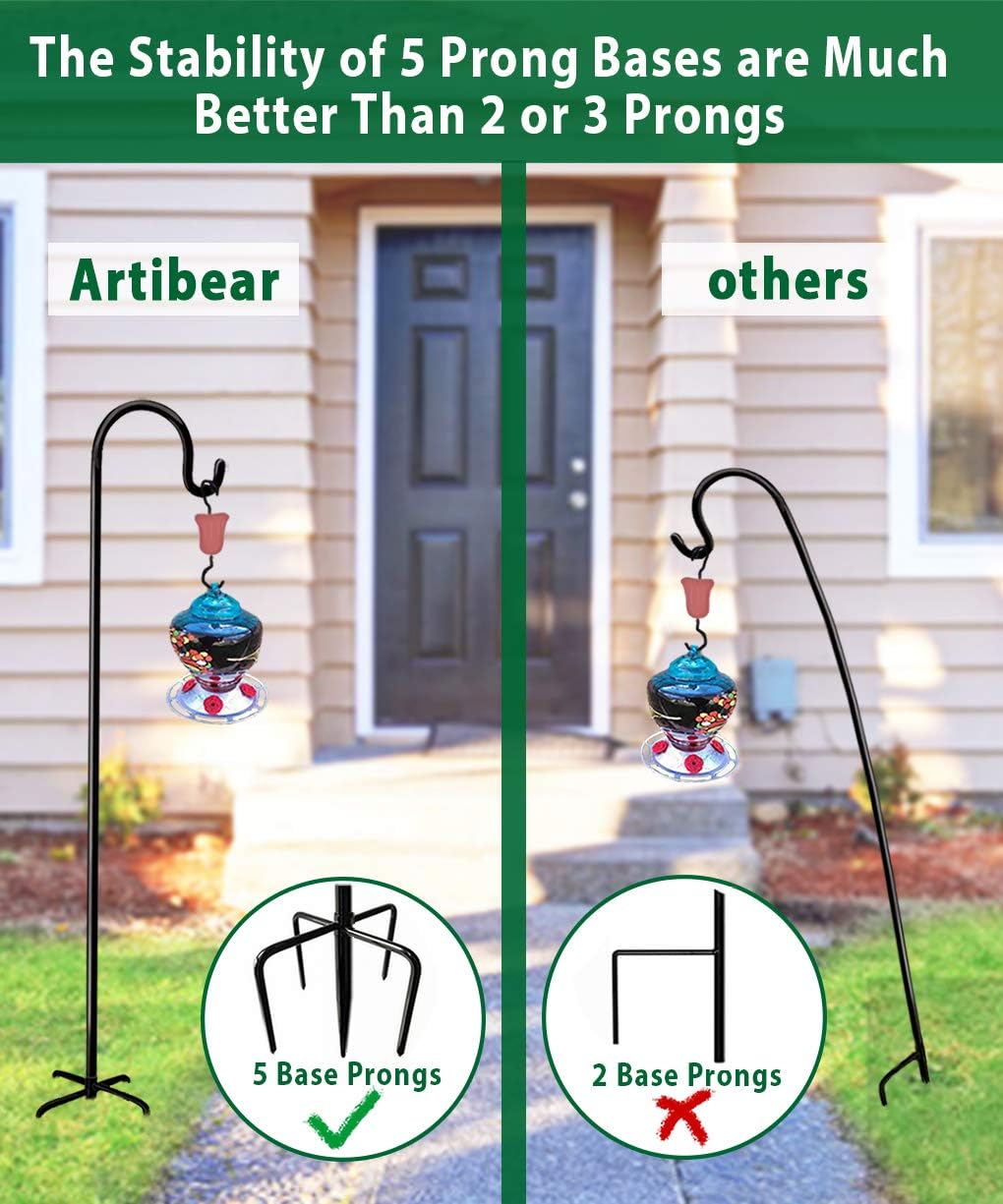 Artibear Adjustable Outdoor Shepherd Hook Stand with 5 Prong Base, 60 Inches Tall 3/5 in Thick, Shiny Black (1 Packs)